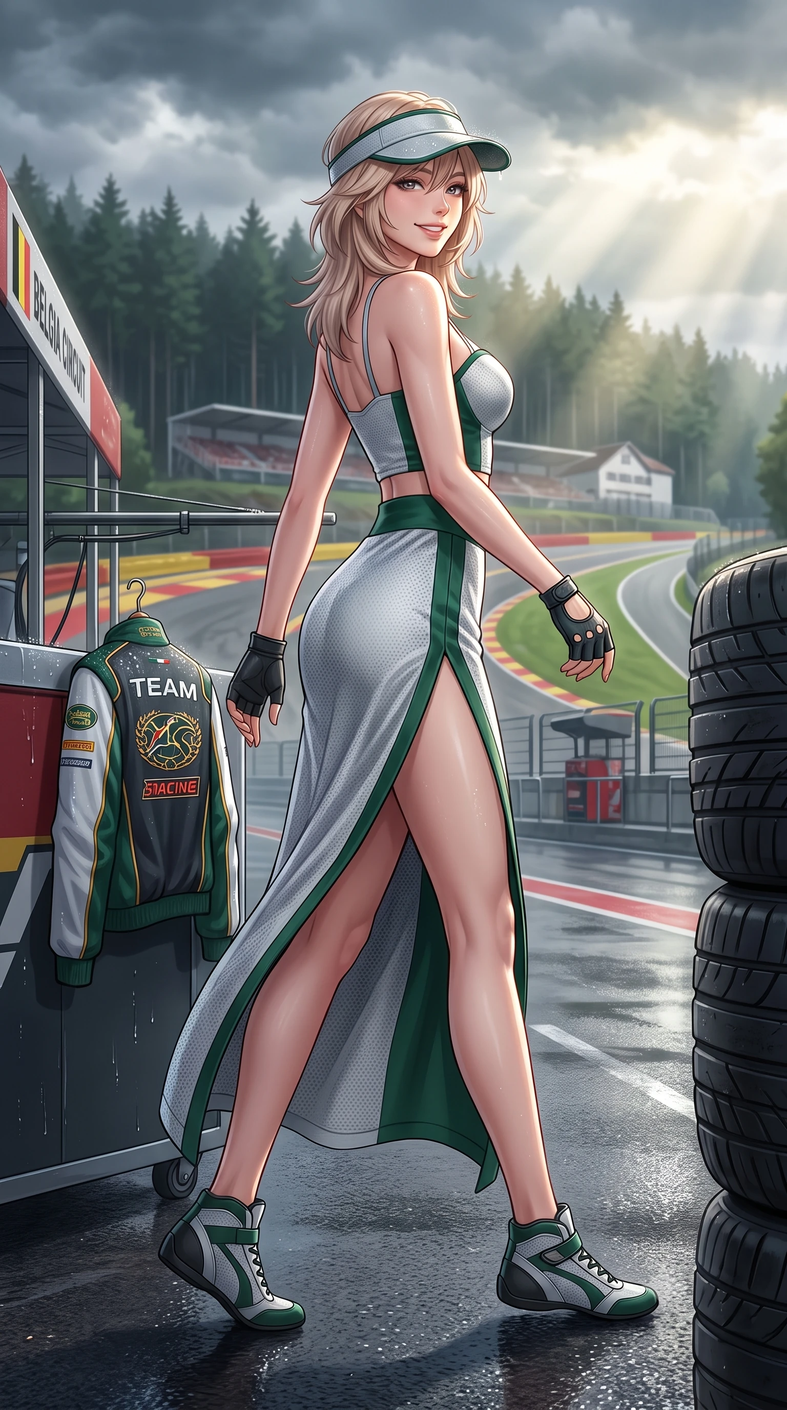 score_9, masterpiece, best quality, ultra-detailed, high-budget anime keyframe, semi-realistic 3D game render, editorial fashion photography, tasteful artistic composition, Japanese woman. low angle full-body shot from head to toe showing her feet, filling the entire 9:16 vertical frame with her statuesque presence, stretching her vertical silhouette. stepping forward gracefully across the paddock tarmac in mid-motion with a radiant beaming smile, hips swaying in an alluring kinetic rhythm that accentuates her curvy hourglass silhouette and long slender legs while leaning against the pit wall tire stack with hips cocked back, looking over a bare shoulder with an intoxicating, adrenaline-charged smile. The surrounding environment is rendered in vivid detail and crisp panoramic clarity: detailed racing jacket embroidery, misty droplets on visor, and historic Belgian circuit infrastructure in high resolution. She has an absolutely perfect, statuesque 8.5-heads proportion, an exceptionally tall and slender model-like female figure with impossibly long slender legs, an ultra-slim waist, a flat toned midriff, narrow delicate ribcage, and beautifully sculpted feminine hips creating a graceful, slim hourglass silhouette without any bulky heaviness. sharp v-shaped jawline, high-bridge nose, sparkling eyes with athletic focus and depth, thick curled eyelashes, glossy parted lips with a natural coral-peach sheen, bright confident and coquettish smile with alluring bedroom-eyes, exuding both youthful sporty vigor and sovereign high-society glamour, flawlessly proportioned anatomical accuracy, strict slender model proportions, natural body alignment, perfectly sculpted long slender limbs, ultra-slim waistline, clean dynamic posture without body distortion. wearing a sweetheart-neckline athletic tennis bustier top paired with a curve-hugging high-slit track maxi skirt in alpine silver platinum and forest green, woven from semi-opaque performance athletic mesh with hexagonal micro-perforations, accented with a sporty retro tennis visor and fingerless leather driving gloves, the high-waisted wrap tailoring accentuating her ultra-slim waistline and the enchanting curve of her feminine hips with alluring sporty charm. bathed in dynamic shifting Ardennes sunbeams breaking through moody forest clouds. highly saturated vibrant anime colors, detailed shading with soft gradients, rich glossy textures, high-contrast stereoscopic depth, volumetric dynamic lighting, master piece, 9:16 ratio