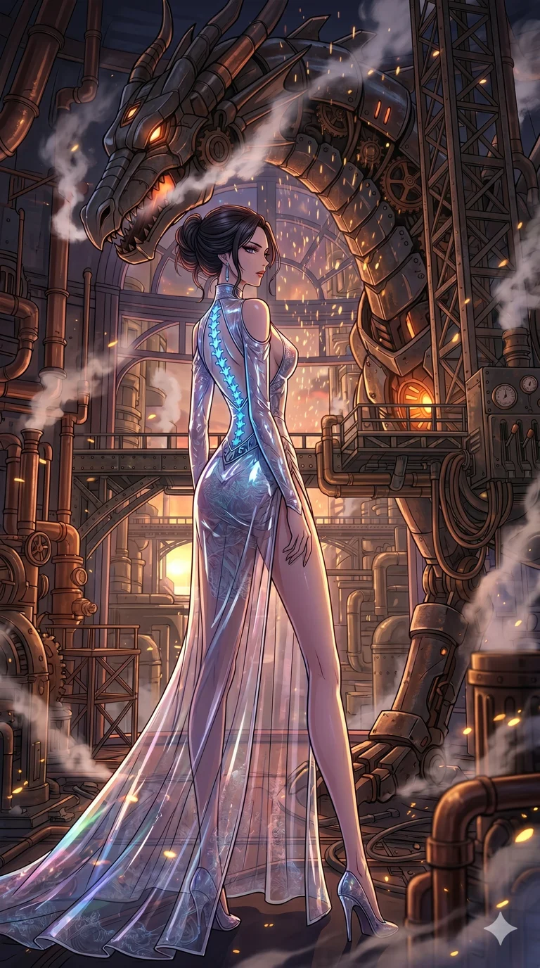 score_9, masterpiece, best quality, ultra-detailed, High-budget Anime Keyframe, vibrant colors, fluid line-art, expressive lighting, cinematic composition, Ufotable-style visual effects, top-tier animation quality, Japanese woman with delicate and elegant anime-inspired features. Low angle cowboy shot filling the entire 9:16 frame with her statuesque presence, looking up to emphasize her height. Staring down a colossal mechanical dragon within a sprawling steampunk workshop, steam and embers filling the air. She has an absolutely perfect 8-heads proportion, an exceptionally tall and slender female figure with impossibly long slender legs and an ultra-slim waist, her statuesque height and towering silhouette dominating the vertical 9:16 frame. Her face is a masterpiece featuring a sharp v-shaped jawline, high-bridge nose, intricate jewel-like eyes with depth, thick eyelashes, and glossy lips with a natural sheen. She is wearing a Holographic lace evening gown with a dangerously high slit and a plunging neckline crafted from Transparent PVC with a high-gloss finish that reveals the intricate layers beneath, boasting shoulder cut-outs and a glowing spinal interface visible through the back. The scene is set in a vibrant sunset over a futuristic crystalline ocean with waves made of liquid light, illuminated by cinematic lighting with dramatic rim light that highlights her slender silhouette. 2k, ultra detail, master piece, 9:16 ratio