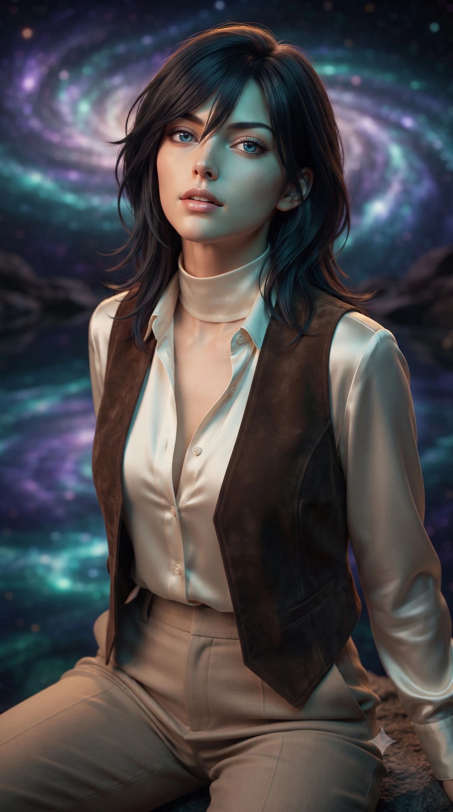 score_9, masterpiece, best quality, ultra-detailed, high-budget anime keyframe, editorial fashion photography, tasteful artistic composition, Caucasian woman, strictly human ears. close-up cowboy shot from the waist and thighs up, the character dominates the composition, filling the frame with her large presence, background elements kept in soft focus. Tilting her chin up slightly with lips parted in a composed expression. set against a soft-focus background of a natural rock pool at the very edge of a spiral galaxy where cosmic gases collect in swirling bioluminescent patterns of violet and teal galaxies reflected in the still luminous surface. She has an exceptionally elegant and slender, willowy female figure with an ultra-slim waist, a gracefully sculpted slender torso, and a refined slim physique. sharp v-shaped jawline, high-bridge nose, intricate jewel-like eyes with depth, thick eyelashes, glossy lips with a natural sheen. wearing a high-neck ivory silk blouse under a dark brown suede vest, paired with beige tailored trousers. warm amber rim lighting combined with cool teal fill light creating dramatic contrast. 2k, ultra detail, master piece, 9:16 ratio