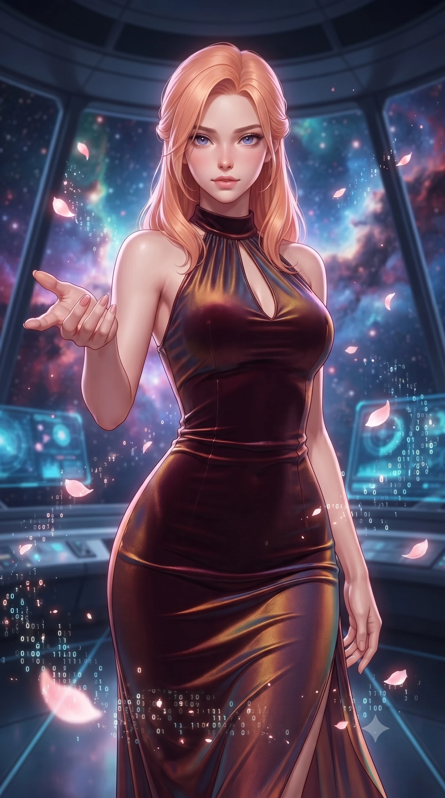 score_9, masterpiece, best quality, ultra-detailed, high-budget anime keyframe, editorial fashion photography, tasteful artistic composition, Japanese woman. close-up cowboy shot from the waist and thighs up, the character dominates the composition, filling the frame with her large presence, background elements kept in soft focus. Reaching one hand gracefully toward the viewer with effortless superiority and allure standing inside a high-tech observatory with panoramic glass views of a nebula, floating digital sakura petals flickering into binary code sparks. She has an exceptionally elegant, slender, and willowy female figure with an ultra-slim waist, a gracefully sculpted slender torso, and a refined silhouette. sharp v-shaped jawline, high-bridge nose, intricate jewel-like eyes with depth, thick eyelashes, glossy lips with a natural sheen. wearing a velvet halter-neck midi dress following her form like a glove in deep burgundy and bronze, crafted from iridescent chiffon that shifts colors in the light, accented with a Tasteful chest slit framing her clavicle gracefully, the form-contouring material highlighting her ultra-slim waist and long lines. illuminated by radiant cosmic nebula light and glowing holographic displays. ultra-reflective glossy finish, specular highlights, metallic sheen, high-contrast stereoscopic depth, volumetric dynamic lighting, 2k, ultra detail, master piece, 9:16 ratio