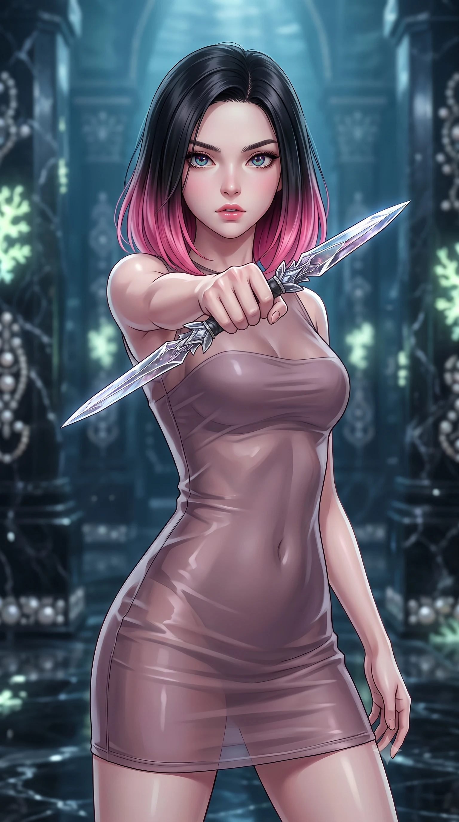 score_9, masterpiece, best quality, ultra-detailed, high-budget anime keyframe, editorial fashion photography, tasteful artistic composition, Korean woman. close-up cowboy shot from the waist and thighs up, the character dominates the composition, filling the frame with her large presence, background elements kept in soft focus. pointing a crystal-edged laser dagger forward in a defensive stance, tilting her chin up slightly with lips parted in a composed pose, the background shows a soft-focus an underwater trench temple built of black marble and pearl inlay. She has an exceptionally elegant, slender, and willowy female figure with an ultra-slim waist, a gracefully sculpted slender torso, and a refined silhouette. sharp v-shaped jawline, high-bridge nose, intricate jewel-like eyes with depth, thick eyelashes, glossy lips with a natural sheen. wearing a body-hugging sheer organza dress in dusty mauve, showing her slender torso and willowy silhouette. soft flickering light from glowing lichen reflecting off the wet marble walls. highly saturated vibrant anime colors, detailed shading with soft gradients, rich glossy textures, high-contrast stereoscopic depth, volumetric dynamic lighting, master piece, 9:16 ratio