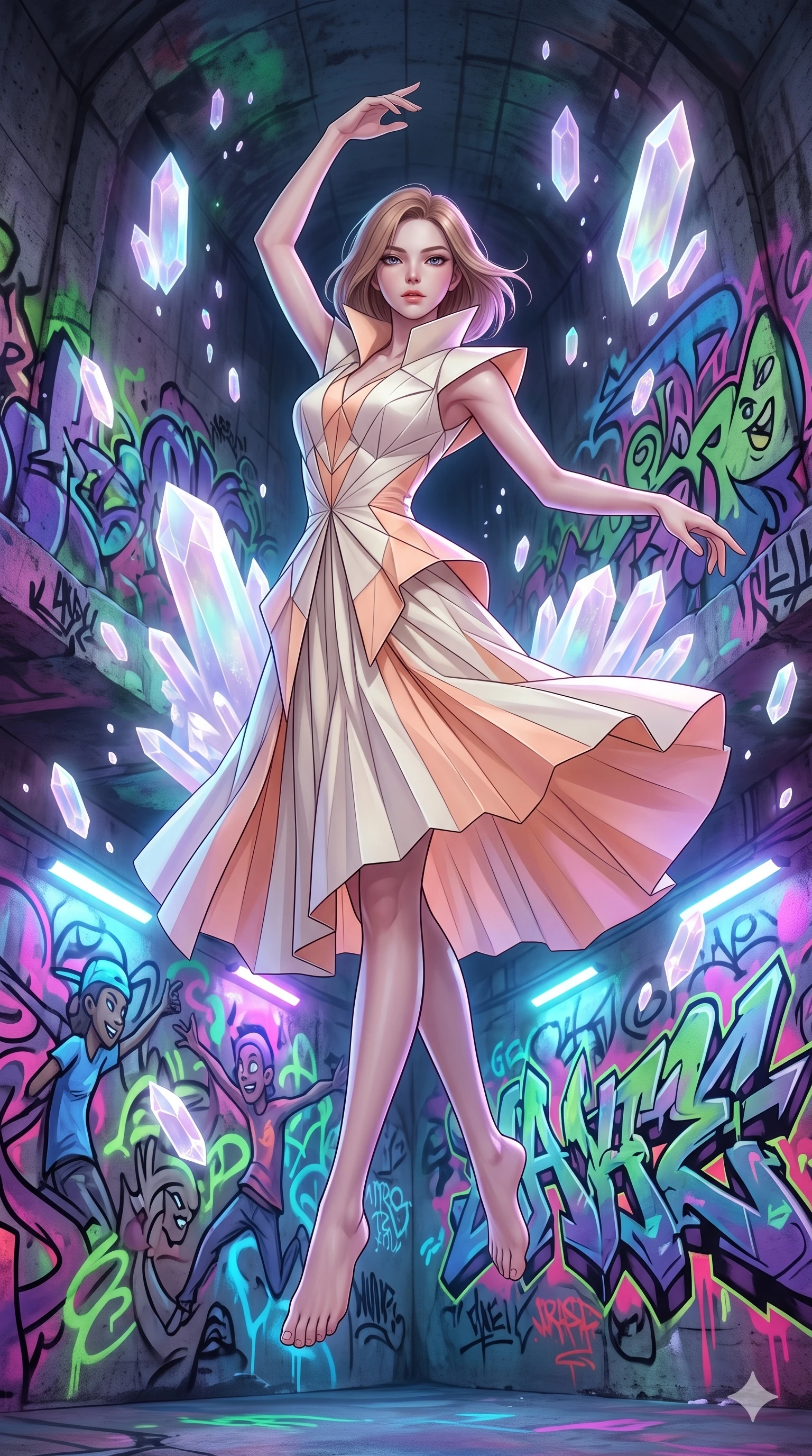 score_9, masterpiece, best quality, ultra-detailed, high-budget anime keyframe, editorial fashion photography, tasteful artistic composition, Korean woman. low angle full-body shot from head to toe showing her feet, filling the entire 9:16 vertical frame with her statuesque presence, stretching her vertical silhouette. dancing with weightless grace through a vast underground chamber where spray-paint graffiti murals covering every surface glow with neon light and the painted characters animate and move within their murals reaching across walls. She has a statuesque 8.5-heads proportion, an exceptionally tall, slender and willowy model-like build with impossibly long legs and a highly sculpted ultra-slim waist. sharp v-shaped jawline, high-bridge nose, intricate jewel-like eyes with depth, thick eyelashes, glossy lips with a natural sheen. wearing an architectural origami-fold midi dress in ivory and pastel peach, featuring geometric pleating and a structured standing collar. ethereal pearlescent light emanating from floating crystalline formations all around. 2k, ultra detail, master piece, 9:16 ratio