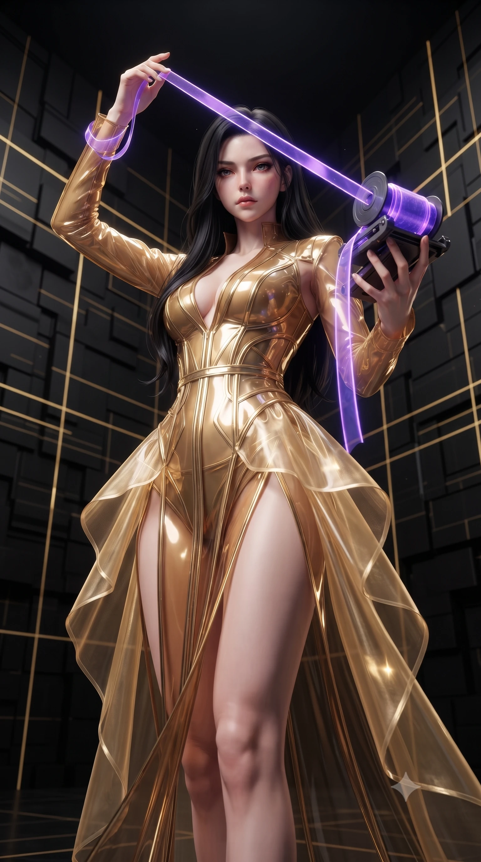 score_9, masterpiece, best quality, ultra-detailed, High-budget Anime Keyframe, editorial fashion photography, tasteful artistic composition, realistic cosplay photography, East Asian woman. Low angle cowboy shot filling the entire 9:16 frame with her statuesque presence. Scenario 386: unravelling a spool of glowing violet ribbon in a digital arena where gold gridlines project onto the black walls. Her presence is magnetic and overpowering in this high-budget cinematic scene. Outfit 386: a slim-fit translucent PVC gold with a thigh-high slit and translucent layers. The clothing is designed to emphasize her exceptionally tall and slender 8-heads proportion. 8-heads proportion, towering silhouette, ultra-slim waist. sharp v-shaped jawline, intricate jewel-like eyes with depth, thick eyelashes, glossy lips. ultra-reflective glossy finish, specular highlights, metallic sheen, high-contrast stereoscopic depth, volumetric dynamic lighting, 2k, ultra detail, master piece, 9:16 ratio