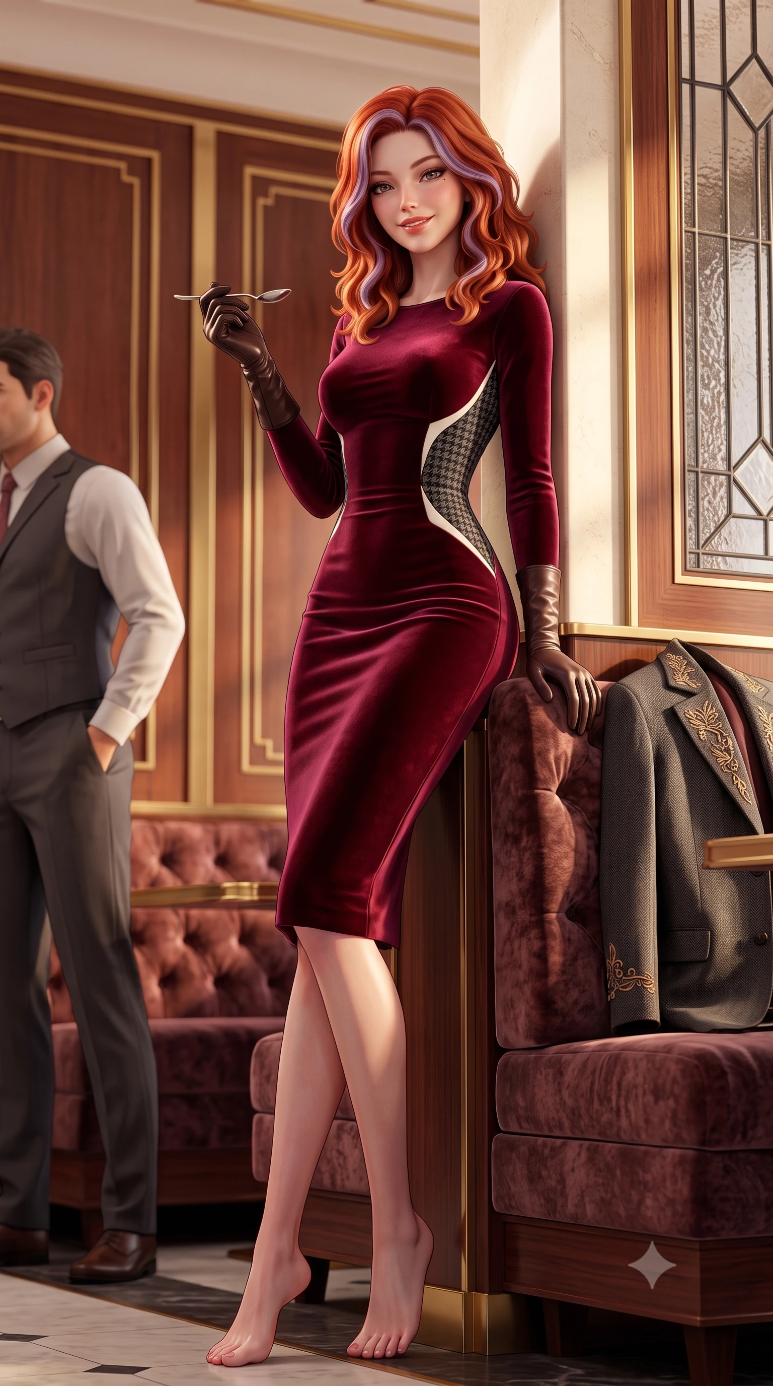 score_9, masterpiece, best quality, ultra-detailed, high-budget anime keyframe, semi-realistic 3D game render, editorial fashion photography, tasteful artistic composition, Caucasian woman. low angle full-body shot from head to toe showing her feet, filling the entire 9:16 vertical frame with her statuesque presence, stretching her vertical silhouette. leaning lightly against the sunlit architectural column with hips cocked back, flashing a warm, alluring, confident smile while perched gracefully on the edge of the velvet banquette, holding a silver dessert spoon with playful, charming elegance. The surrounding environment is rendered in vivid detail and crisp panoramic clarity: detailed embroidered wool blazer lapels, tailored cigarette trousers, and Taisho-modernist architectural craftsmanship in razor-sharp precision. She has an exceptionally tall and slender model-like 8.5-heads proportion, an ultra-slim waist, a flat toned midriff, narrow delicate ribcage, and beautifully sculpted feminine hips creating a graceful, slim hourglass silhouette without any bulky heaviness, with impossibly long slender legs. sharp v-shaped jawline, high-bridge nose, intricate jewel-like sparkling eyes with depth, thick eyelashes, glossy parted lips with a natural peach sheen, bright cheerful beaming smile with an enchanting and coquettish sensual glint, exuding both youthful cute charm and seductive allure, flawlessly proportioned anatomical accuracy, strict slender model proportions, natural body alignment, perfectly sculpted long slender limbs, ultra-slim waistline, clean dynamic posture without body distortion. wearing a form-fitting liquid velvet cocktail midi dress in rich burgundy with long sleeves and a snug waist contour in classic Savile Row charcoal houndstooth and crisp ivory, crafted from fluid liquid velvet offering rich tactile depth while adhering to her hourglass shape, complemented by buttery leather opera gloves tracing her slender arms with sleek polish, the second-skin tailored fabric adhering flawlessly to her sculpted flat midriff and slender torso, emphasizing her long leg lines and perfectly proportioned willowy build. illuminated by rosewood wall and brass reflection bounce with crisp champagne rim lights defining her cheekbones and slender waist. highly saturated vibrant anime colors, detailed shading with soft gradients, rich glossy textures, high-contrast stereoscopic depth, volumetric dynamic lighting, master piece, 9:16 ratio