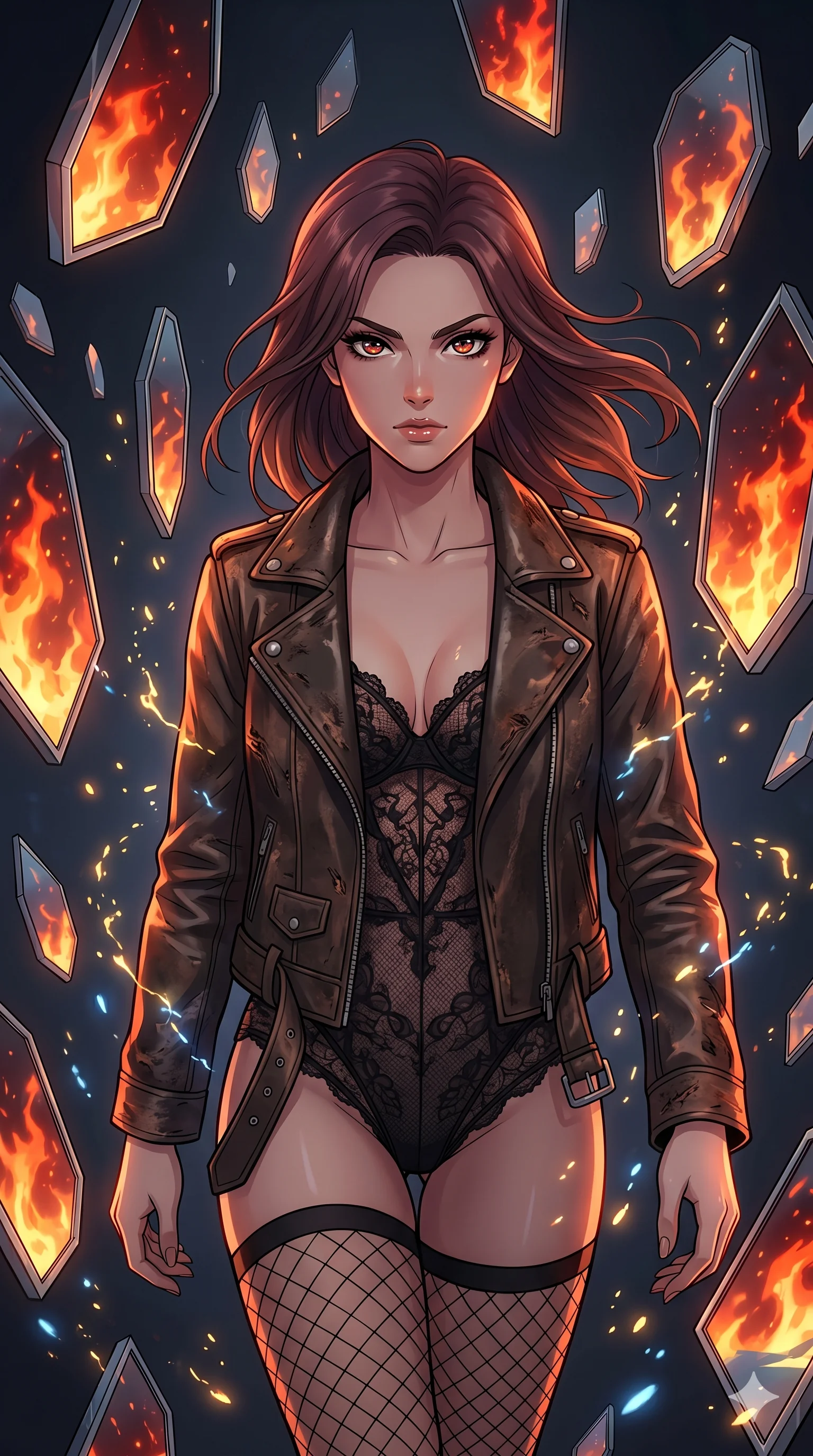 score_9, masterpiece, best quality, ultra-detailed, Set A: High-budget Anime Keyframe, Caucasian (strictly human ears) woman. Upper body close-up from the thighs up, character filling the screen for maximum presence. Walking gracefully through a dimension of floating mirrors, with a look of intense determination reflecting the fires of 287 and surrounded by glowing energy sparks. She has an absolutely perfect 8-heads proportion, an exceptionally tall and slender female figure with impossibly long slender legs and an ultra-slim waist. Sharp v-shaped jawline, high-bridge nose, intricate jewel-like eyes with depth, thick eyelashes, glossy lips with a natural sheen. Wearing Distressed leather jacket over a delicate lace teddy and fishnet stockings. Cinematic lighting, vibrant colors, dramatic shadows, 2k, ultra detail, master piece, 9:16 ratio