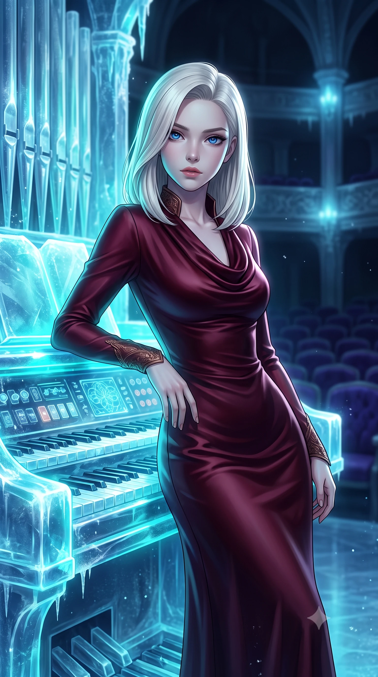 score_9, masterpiece, best quality, ultra-detailed, high-budget anime keyframe, semi-realistic 3D game render, editorial fashion photography, tasteful artistic composition, Caucasian woman. close-up cowboy shot from the waist and thighs up, the character dominates the composition, filling the frame with her large presence. tilting her head with a teasing half-smile, running one hand slowly down the side of her hip in a flirtatious S-curve as ambient light caresses her silhouette while leaning against the crystalline ice organ console with hips cocked back, gazing out across the frost-dusted auditorium with smoldering bedroom-eyes. The background shows a soft-focus towering translucent ice organ pipes glowing with pulsing cyan neon, fluttering silver specular ice crystals, and velvet opera stalls blurred into cyan, silver, and indigo bokeh. She has an exceptionally elegant, slender, and willowy female figure with an ultra-slim waist, flat toned midriff, narrow ribcage, and sculpted feminine hips creating an alluring, slim hourglass silhouette without bulk. sharp v-shaped jawline, high-bridge nose, intricate jewel-like sparkling eyes with depth, thick eyelashes, glossy parted lips with a natural peach sheen, bright cheerful beaming smile with an enchanting and coquettish sensual glint, exuding both youthful cute charm and seductive allure, flawlessly proportioned anatomical accuracy, strict slender model proportions, natural body alignment, perfectly sculpted long slender limbs, ultra-slim waistline, clean dynamic posture without body distortion. wearing a refined long-sleeve cowl-neck satin evening gown with modest draped neckline and tailored waistline in deep burgundy and bronze accents, tailored from high-density tech-wool with subtle metallic thread weave, finished with sleek magnetic buckle closures fluttering in the breeze, the bespoke structured tailoring following the natural line of her 8.5-heads silhouette with refined elegance. illuminated by polished ice stage reflection bounce and sharp cyan-silver rim lights sculpting her jawline, narrow waist, and curvy hips. highly saturated vibrant anime colors, detailed shading with soft gradients, rich glossy textures, high-contrast stereoscopic depth, volumetric dynamic lighting, master piece, 9:16 ratio