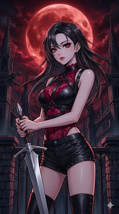 score_9, masterpiece, best quality, ultra-detailed, High-budget Anime Keyframe, beautiful Korean anime girl. Upper body close-up from the thighs up, character filling the screen for maximum presence. Standing on the balcony of a dark castle with a ma