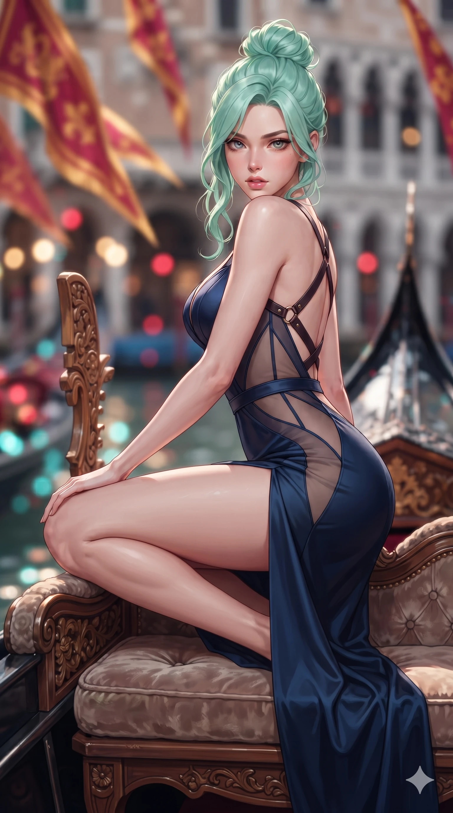 score_9, masterpiece, best quality, ultra-detailed, high-budget anime keyframe, editorial fashion photography, tasteful artistic composition, Japanese woman. close-up cowboy shot from the waist and thighs up, the character dominates the composition, filling the frame with her large presence. perched sideways on the vintage settee, one knee drawn up to showcase her slender leg line while her arched back accentuates her feminine hip curve while lounging gracefully across the plush velvet-cushioned gondola boarding bench propped on one elbow with legs extended, displaying her statuesque silhouette. The background shows a soft-focus fluttering crimson and gold regatta pennants, carved wooden gondola bows, and distant Venetian palazzo arches blurred into crimson, gold, and turquoise bokeh. She has an exceptionally elegant, slender, and willowy female figure with an ultra-slim waist, flat toned midriff, narrow ribcage, and sculpted feminine hips creating an alluring, slim hourglass silhouette without bulk. sharp v-shaped jawline, high-bridge nose, intricate jewel-like sparkling eyes with depth, thick eyelashes, glossy parted lips with a natural sheen, intensely captivating and seductive bedroom-eyes expression, exuding both youthful cute charm and sovereign luxury allure, flawlessly proportioned anatomical accuracy, strict slender model proportions, natural body alignment, perfectly sculpted long slender limbs, ultra-slim waistline, clean dynamic posture without body distortion. wearing an alluring plunging sweetheart bodice dress with sheer mesh side-waist cutouts contouring her ribs in midnight sapphire blue and liquid platinum, featuring strategic sheer-illusion tulle side panels framing her ribcage and hips, featuring an open-back criss-cross harness strap in dark leather, the high-slit wrap tailoring accentuating her ultra-slim waistline and the enchanting curve of her feminine hips with alluring seductive charm. illuminated by water surface bounce and sharp golden-amber rim lights sculpting her razor-sharp jawline, narrow waist, and curvy hips. ultra-reflective glossy finish, specular highlights, rich textural contrasts, high-contrast stereoscopic depth, volumetric dynamic lighting, 2k, ultra detail, master piece, 9:16 ratio