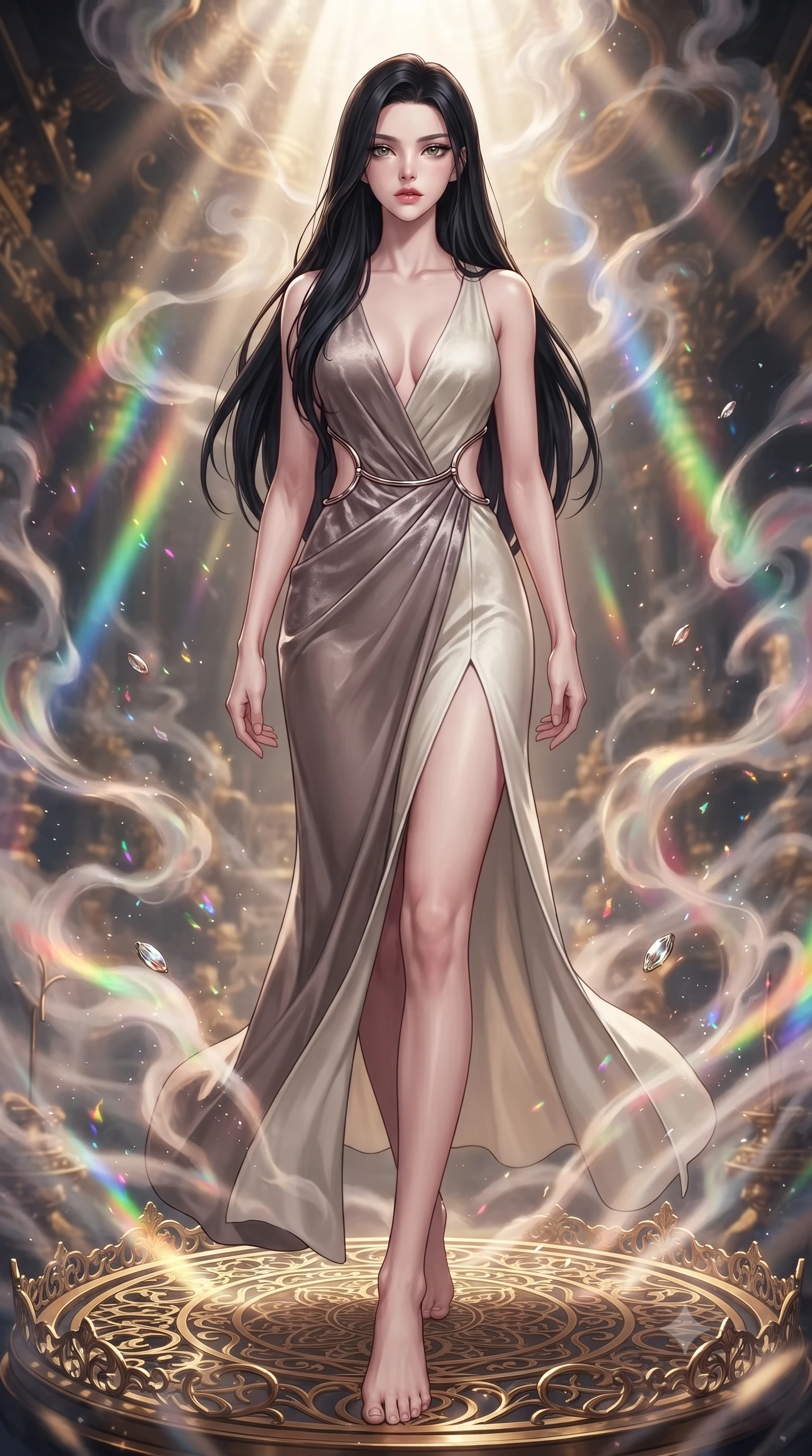 score_9, masterpiece, best quality, ultra-detailed, high-budget anime keyframe, editorial fashion photography, tasteful artistic composition, Korean woman. low angle full-body shot from head to toe showing her feet, filling the entire 9:16 vertical frame with her statuesque presence, stretching her vertical silhouette. stepping forward with proud posture, filling the vertical frame with her magnetic presence poised on a golden filigree altar surrounded by glowing incense vapors, floating glass dust and incense smoke scattering colorful light beams. She has an absolutely perfect, statuesque 8.5-heads proportion, an exceptionally tall and slender model-like female figure with impossibly long slender legs and an ultra-slim waist. sharp v-shaped jawline, high-bridge nose, intricate jewel-like eyes with depth, thick eyelashes, glossy lips with a natural sheen. wearing a backless crushed velvet gown with a deep V-neckline and high thigh slit in muted taupe and soft ivory, crafted from smooth liquid silk, accented with delicate chrome ring hardware framing her waist, the elegant draped fit framing her graceful clavicle and slender torso. surrounded by a glowing divine aura of sunbeams and incense radiance. highly saturated vibrant anime colors, detailed shading with soft gradients, rich glossy textures, high-contrast stereoscopic depth, volumetric dynamic lighting, master piece, 9:16 ratio