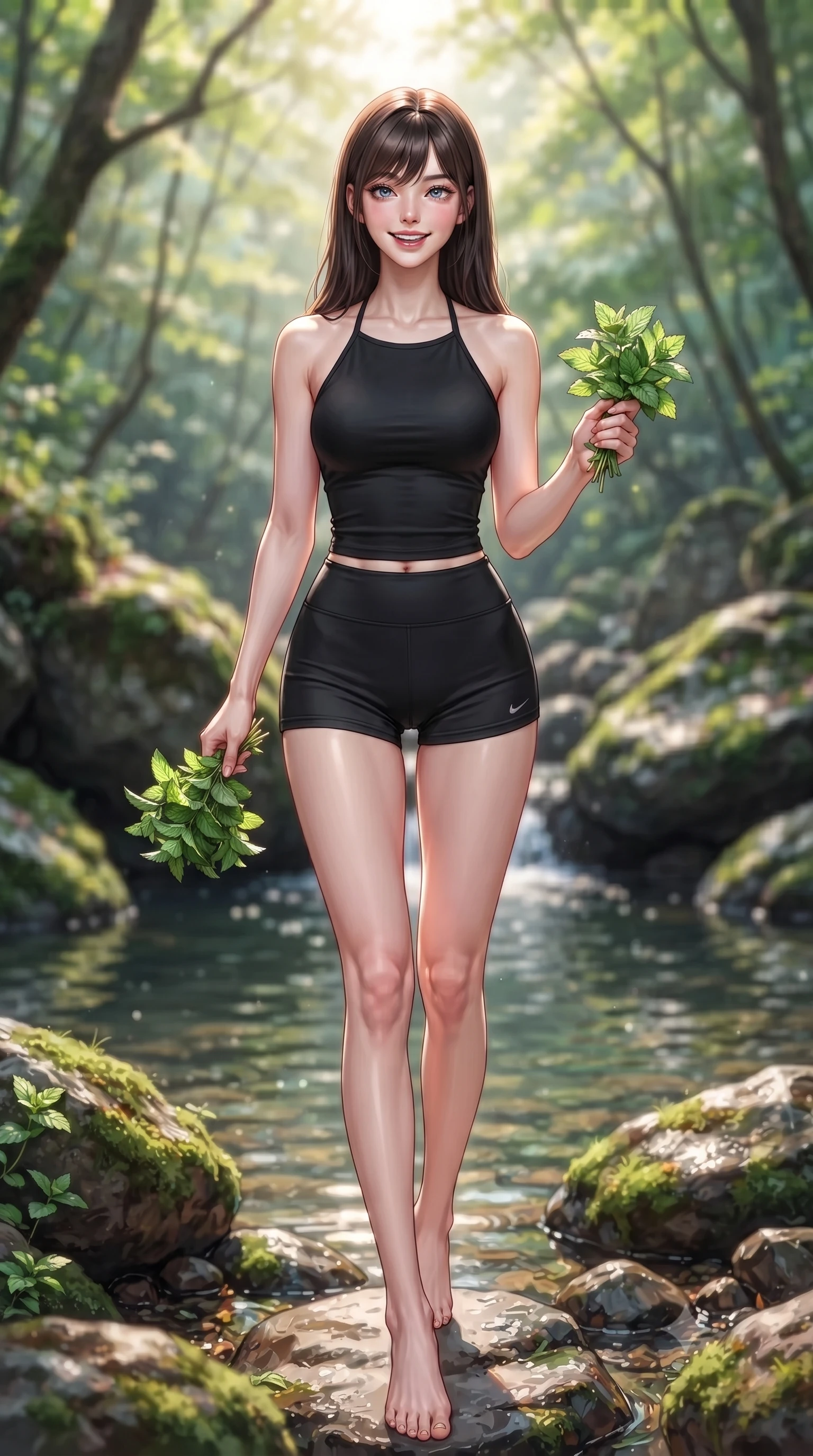 score_9, masterpiece, best quality, ultra-detailed, high-budget anime keyframe, editorial fashion photography, tasteful artistic composition, Korean woman. low angle full-body shot from head to toe showing her feet, filling the entire 9:16 vertical frame with her statuesque presence, stretching her vertical silhouette. stepping forward with an alluring, magnetic smile, her graceful posture highlighting her statuesque silhouette set against a soft-focus background of on a smooth stone next to a quiet forest creek pool surrounded by mossy rocks holding a bunch of fresh wild mint leaves with a delighted look. She has an absolutely perfect, statuesque 8.5-heads proportion, an exceptionally tall and slender model-like female figure with impossibly long slender legs and an ultra-slim waist. sharp v-shaped jawline, high-bridge nose, intricate jewel-like eyes with depth, thick eyelashes, glossy lips with a natural sheen. wearing slim-fit backless activewear halter top in black, paired with sporty shorts. soft afternoon sunlight reflecting off the wet rocks and water pool. highly saturated vibrant anime colors, detailed shading with soft gradients, rich glossy textures, high-contrast stereoscopic depth, volumetric dynamic lighting, master piece, 9:16 ratio