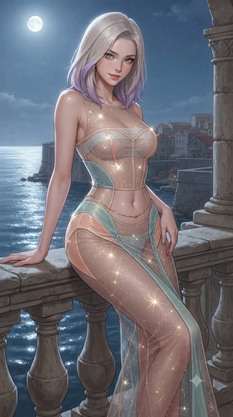 score_9, masterpiece, best quality, ultra-detailed, high-budget anime keyframe, editorial fashion photography, tasteful artistic composition, Caucasian woman. close-up cowboy shot from the waist and thighs up, the character dominates the composition, filling the frame with her large presence. tilting her head with a teasing half-smile, running one hand slowly down the side of her hip in a flirtatious S-curve as ambient light caresses her silhouette while perched sideways on the balcony balustrade, one knee drawn up to showcase her slender leg line while her arched back accentuates her feminine curves. The surrounding environment is rendered in vivid detail and crisp panoramic clarity: detailed sheer gossamer hanbok blouse tailoring, silk bandeau, and historic coastal construction in razor-sharp clarity. She has an exceptionally elegant, slender, and willowy female figure with an ultra-slim waist, flat toned midriff, narrow ribcage, and sculpted feminine hips creating an alluring, slim hourglass silhouette without bulk. sharp v-shaped jawline, high-bridge nose, sparkling eyes with hypnotic seductive depth, thick curled eyelashes, glossy parted lips with a natural dewy peach sheen, alluring bedroom-eyes with an enchanting coquettish smile, exuding magnetic siren charisma and sophisticated glamour, flawlessly proportioned anatomical accuracy, strict slender model proportions, natural body alignment, perfectly sculpted long slender limbs, ultra-slim waistline, clean dynamic posture without body distortion. wearing a sheer-illusion mesh corset gown with strategic opaque velvet hanbok panels framing her waist and hips in pastel peach blossom and celadon porcelain blue, woven from metallic lurex thread casting radiant starlight glints across her silhouette, finished with a dainty gold belly chain resting across her flat midriff and curving hips, the glove-like clinging cut tightly following the natural contour of her hips and long slender legs with youthful 8.5-heads elegance. bathed in high-intensity silver moonlight reflecting off open ocean waters. ultra-reflective glossy finish, specular highlights, rich textural contrasts, high-contrast stereoscopic depth, volumetric dynamic lighting, 2k, ultra detail, master piece, 9:16 ratio