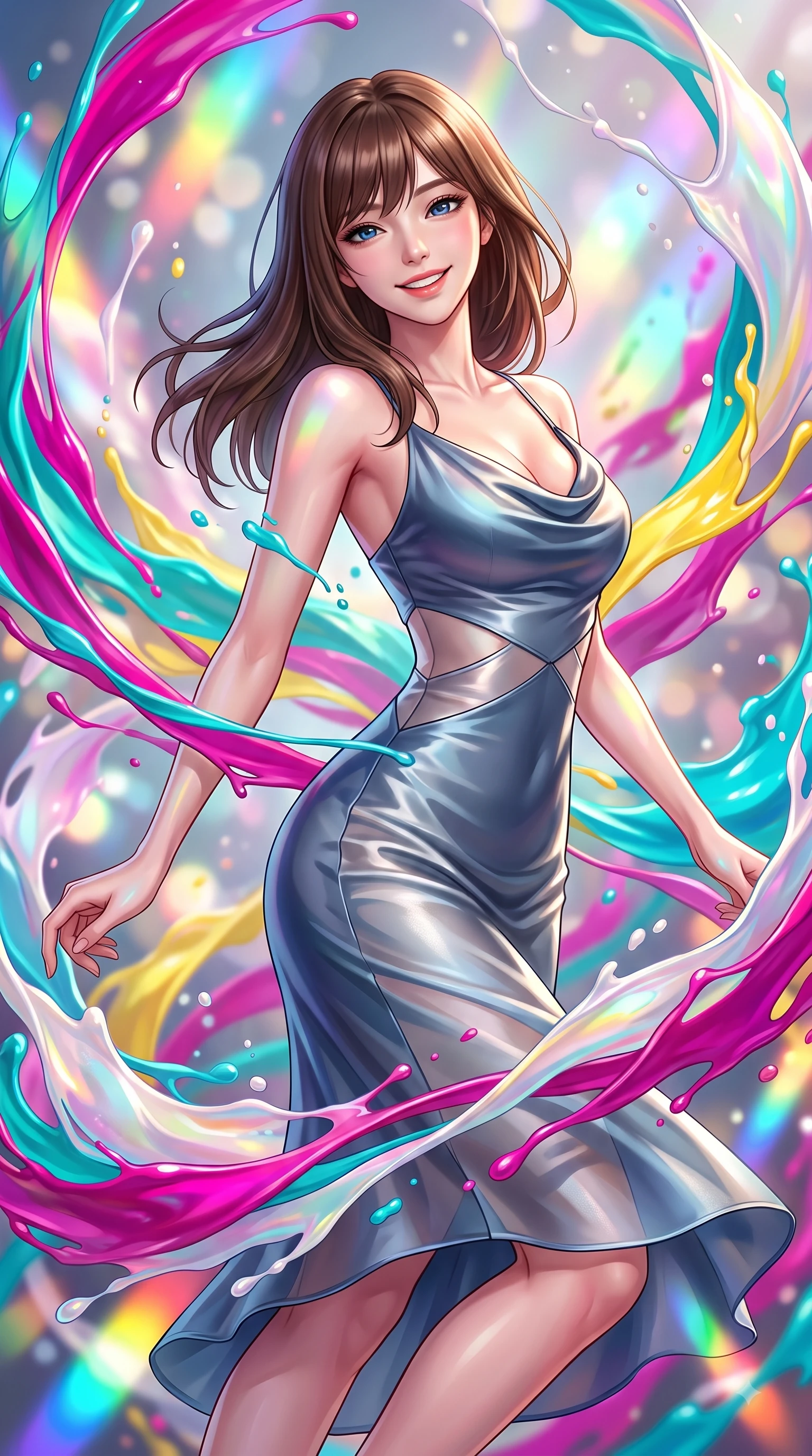 score_9, masterpiece, best quality, ultra-detailed, high-budget anime keyframe, editorial fashion photography, tasteful artistic composition, Korean woman. close-up cowboy shot from the waist and thighs up, the character dominates the composition, filling the frame with her large presence, background elements kept in soft focus. Gazing directly into the camera with a joyful, infectious smile as her torso curves dynamically in mid-stride while spinning joyfully amidst swirling ribbons of magenta, turquoise, and yellow liquid acrylic paint, vibrant ribbons of opal paint and color splashes frozen in mid-air around her figure. She has an exceptionally elegant, slender, and willowy female figure with an ultra-slim waist, a gracefully sculpted slender torso, and a refined silhouette. sharp v-shaped jawline, high-bridge nose, intricate jewel-like eyes with depth, thick eyelashes, glossy lips with a natural sheen, flawlessly proportioned anatomical accuracy, natural body alignment, perfectly sculpted elegant limbs, clean dynamic posture without body distortion. wearing an elegant cowl-neck satin midi dress with a graceful draped neckline in slate blue and metallic silver, woven from fine semi-opaque sheer organza, featuring subtle geometric cutouts that highlight her ultra-slim midriff, the tailored fabric tightly following every curve of her athletic build. illuminated by brilliant multi-color rainbow light refracting through glass prisms. highly saturated vibrant anime colors, detailed shading with soft gradients, rich glossy textures, high-contrast stereoscopic depth, volumetric dynamic lighting, master piece, 9:16 ratio