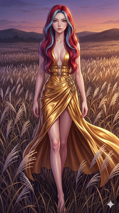 score_9, masterpiece, best quality, ultra-detailed, High-budget Anime Keyframe, East Asian woman. Dynamic full-body shot stretching the vertical silhouette to the limit. Scenario 288: Walking through a field of tall silver grass at twilight. Her pres