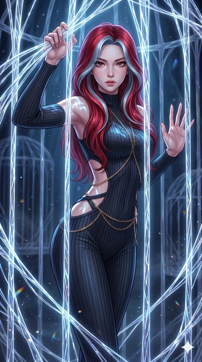 score_9, masterpiece, best quality, ultra-detailed, High-budget Anime Keyframe, East Asian woman. Dynamic full-body shot stretching the vertical silhouette to the limit. Scenario 122: Trapped in a cage of glowing crystalline fibers, body pressing aga