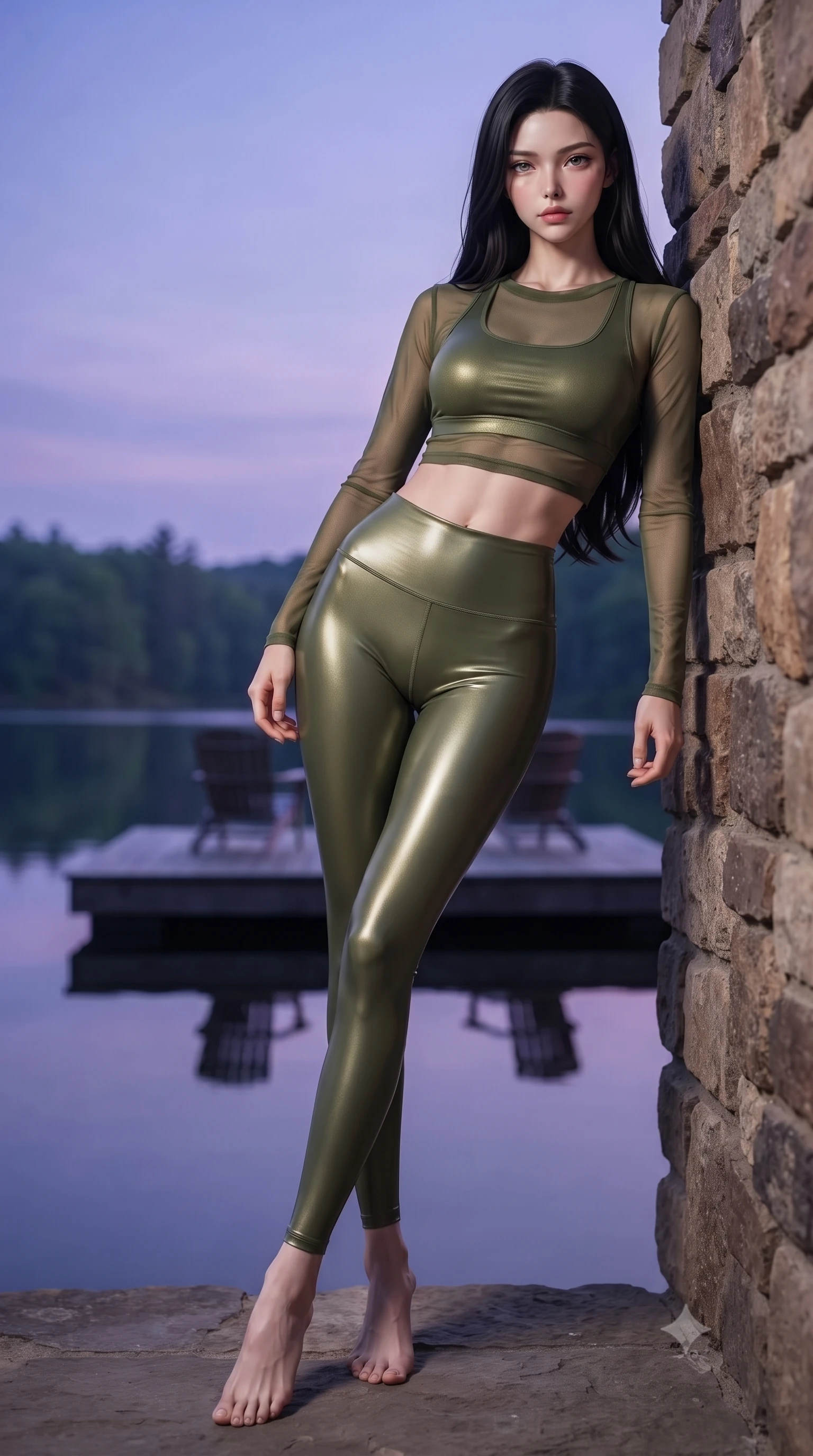 score_9, masterpiece, best quality, ultra-detailed, high-budget anime keyframe, editorial fashion photography, tasteful artistic composition, Korean woman woman. low angle full-body shot from head to toe showing her feet, filling the entire 9:16 vertical frame with her statuesque presence, stretching her vertical silhouette. leaning back against a rustic stone wall, casting a slow, alluring gaze at the camera the background shows a soft-focus a simple dark wood deck extending over a calm forest lake, with two chairs. She has an absolutely perfect, statuesque 8.5-heads proportion, an exceptionally tall and slender model-like female figure with impossibly long slender legs and an ultra-slim waist. sharp v-shaped jawline, high-bridge nose, intricate jewel-like eyes with depth, thick eyelashes, glossy lips with a natural sheen. wearing a form-contouring sheer mesh long-sleeve crop top in olive green, worn over a matching sports bra and leggings. the serene purple and blue hues of twilight reflecting on the still water. ultra-reflective glossy finish, specular highlights, metallic sheen, high-contrast stereoscopic depth, volumetric dynamic lighting, 2k, ultra detail, master piece, 9:16 ratio