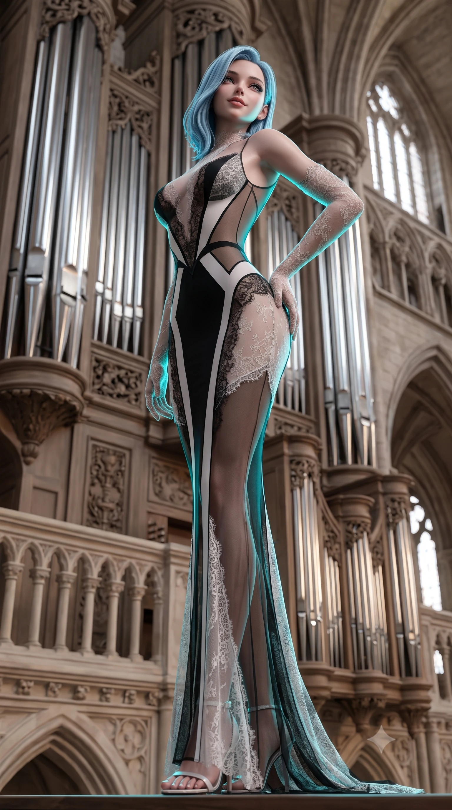 score_9, masterpiece, best quality, ultra-detailed, high-budget anime keyframe, semi-realistic 3D game render, editorial fashion photography, tasteful artistic composition, Korean woman. low angle full-body shot from head to toe showing her feet, filling the entire 9:16 vertical frame with her statuesque presence, stretching her vertical silhouette. sitting poised on the stone steps with one knee bent, arching her spine with supermodel elegance as she glances upward through thick eyelashes while standing poised on the organ gallery loft before the massive polished tin pipes, arching her back with dramatic gothic opera glamour. The background shows a soft-focus carved gallery balustrades softened in sacred gothic cathedral shallow focus. She has an absolutely perfect, statuesque 8.5-heads proportion, an exceptionally tall and slender model-like female figure with impossibly long slender legs, an ultra-slim waist, a flat toned midriff, narrow delicate ribcage, and beautifully sculpted feminine hips creating a graceful, slim hourglass silhouette without any bulky heaviness. sharp v-shaped jawline, high-bridge nose, sparkling eyes with hypnotic seductive depth, thick curled eyelashes, glossy parted lips with a natural dewy peach sheen, alluring bedroom-eyes with an enchanting coquettish smile, exuding magnetic siren charisma and sophisticated glamour, flawlessly proportioned anatomical accuracy, strict slender model proportions, natural body alignment, perfectly sculpted long slender limbs, ultra-slim waistline, clean dynamic posture without body distortion. wearing a provocative sheer illusion mesh column gown with opaque geometric panels strategically hugging her curves in high-contrast minimalist monochrome black and pure alabaster white, made of delicate semi-sheer French Chantilly lace with intricate eyelash edges, complemented by sheer opera-length lace evening gloves tracing her slender arms, the glove-like clinging cut tightly following the natural contour of her hips and long slender legs with youthful 8.5-heads elegance. illuminated by tin pipe specular reflections and sharp electric-cyan rim lights sculpting her jawline, narrow waist, and curvy hips. highly saturated vibrant anime colors, detailed shading with soft gradients, rich glossy textures, high-contrast stereoscopic depth, volumetric dynamic lighting, master piece, 9:16 ratio