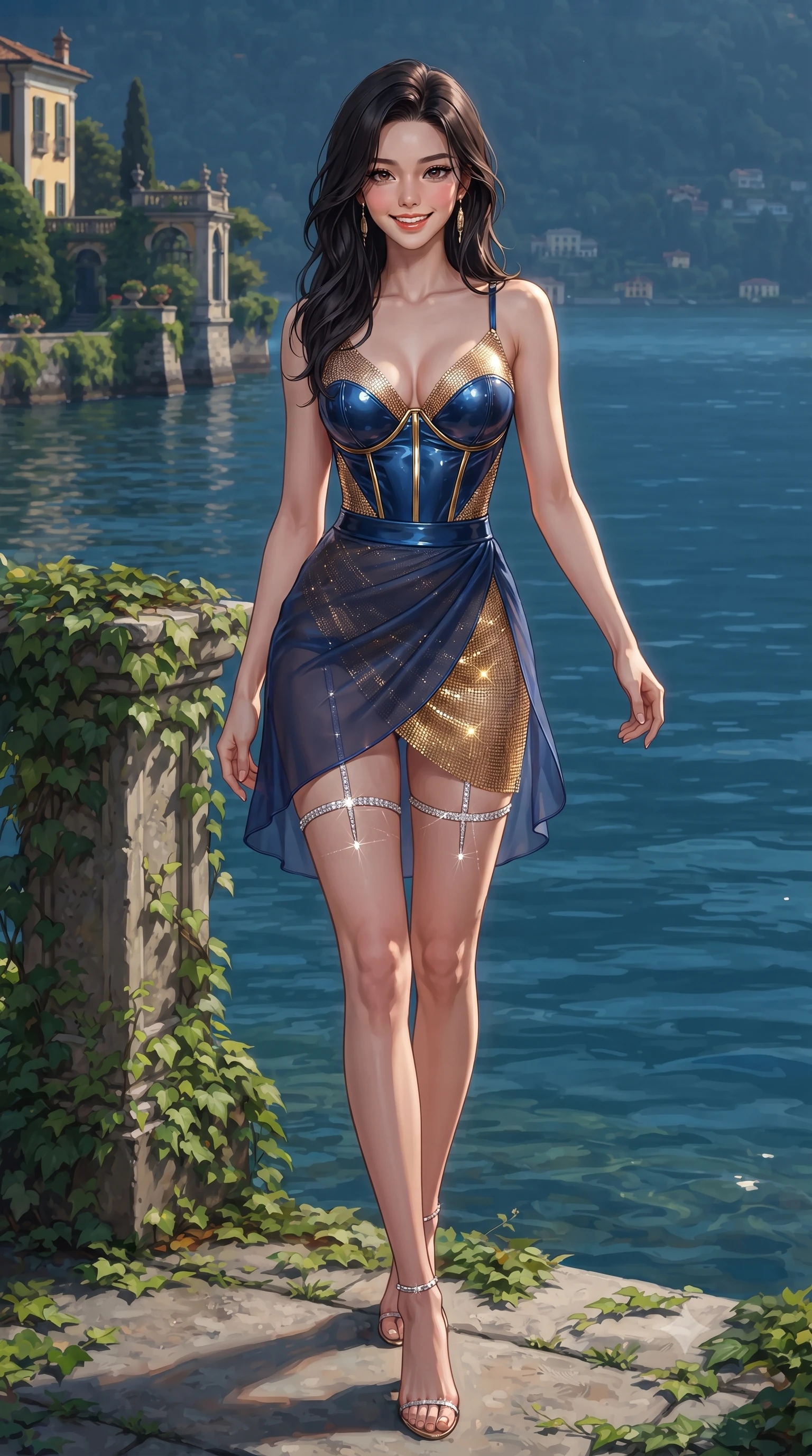 score_9, masterpiece, best quality, ultra-detailed, high-budget anime keyframe, editorial fashion photography, tasteful artistic composition, Korean woman. low angle full-body shot from head to toe showing her feet, filling the entire 9:16 vertical frame with her statuesque presence, stretching her vertical silhouette. stepping forward in a confident stride, her long slender legs and curvaceous hips creating a dynamic, sweeping vertical line while standing poised beside the ivy-draped stone balustrade jutting into Lake Como, arching her back with timeless aristocratic allure. The surrounding environment is rendered in vivid detail and crisp panoramic clarity: detailed plunging cowl-neck silk gown weave, gold hip buckle gleam, and Renaissance villa stonework in razor-sharp precision. She has an exceptionally tall and slender model-like 8.5-heads proportion, an ultra-slim waist, a flat toned midriff, narrow delicate ribcage, and beautifully sculpted feminine hips creating a graceful, slim hourglass silhouette without any bulky heaviness, with impossibly long slender legs. sharp v-shaped jawline, high-bridge nose, intricate jewel-like sparkling eyes with depth, thick eyelashes, glossy parted lips with a natural peach sheen, bright cheerful beaming smile with an enchanting and coquettish sensual glint, exuding both youthful cute charm and seductive allure, flawlessly proportioned anatomical accuracy, strict slender model proportions, natural body alignment, perfectly sculpted long slender limbs, ultra-slim waistline, clean dynamic posture without body distortion. wearing a wet-look form-fitting vinyl bustier paired with a high-slit sheer-layered wrap mini skirt and thigh-strap accents in Burj Arabian royal sapphire blue and molten gold, made of shimmering fluid gold chainmail mesh reflecting ambient chandelier light, finished with delicate crystal-encrusted thigh garter straps glinting in the dim light, the second-skin tailored fabric adhering flawlessly to her sculpted flat midriff and slender torso, emphasizing her long leg lines and perfectly proportioned willowy build. illuminated by lake water specular reflection fill and warm honey-gold rim lights defining her razor-sharp jawline, narrow waist, and curvy hips. ultra-reflective glossy finish, specular highlights, rich textural contrasts, high-contrast stereoscopic depth, volumetric dynamic lighting, 2k, ultra detail, master piece, 9:16 ratio