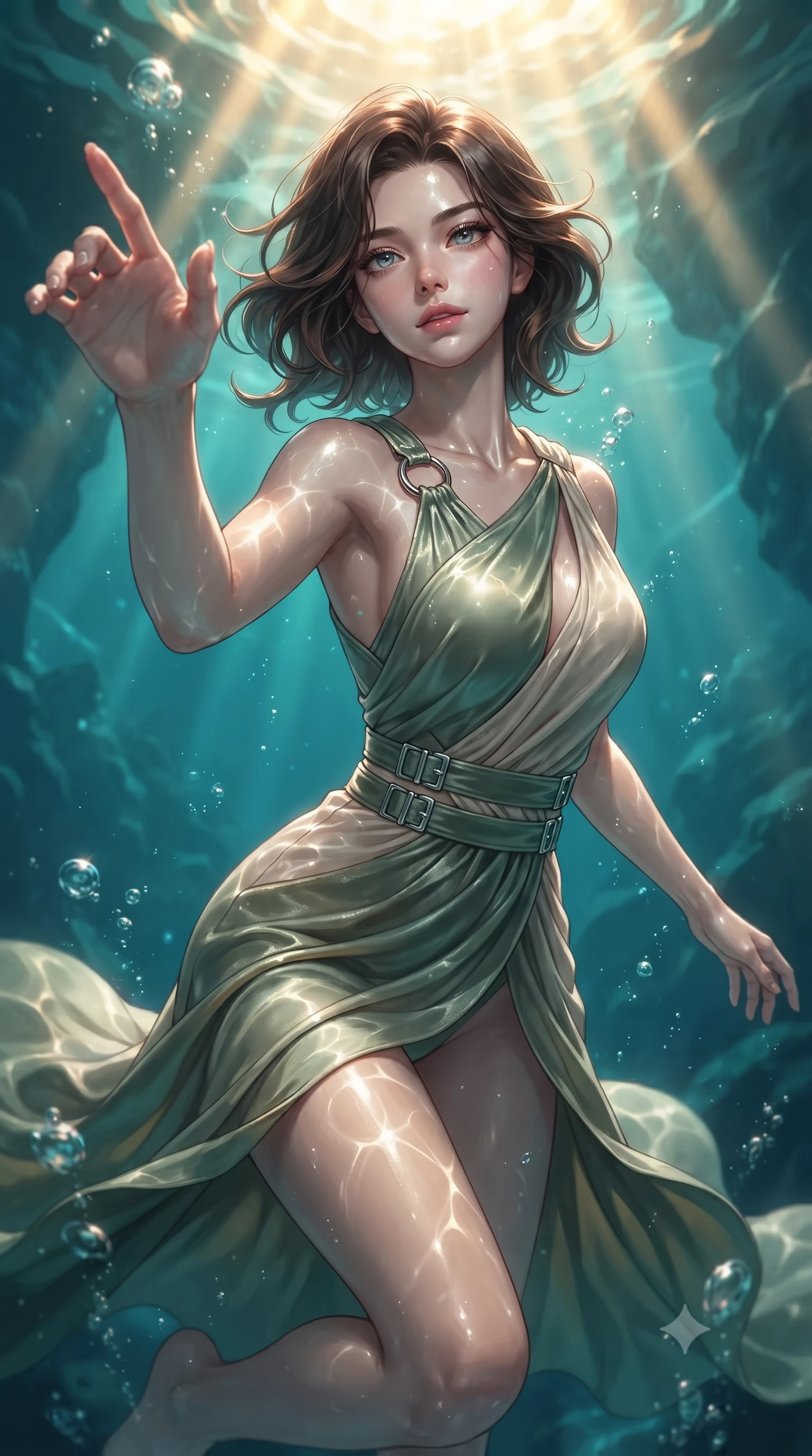score_9, masterpiece, best quality, ultra-detailed, high-budget anime keyframe, editorial fashion photography, tasteful artistic composition, Korean woman. close-up cowboy shot from the waist and thighs up, the character dominates the composition, filling the frame with her large presence, background elements kept in soft focus. Reaching her hand gracefully toward the camera with magnetic allure, her torso turning in a dynamic S-curve alignment while swimming gracefully upward toward sunbeams penetrating a deep turquoise water cavern, intense golden sunbeams penetrating deep turquoise water creating caustic light ripples. She has an exceptionally elegant, slender, and willowy female figure with an ultra-slim waist, a gracefully sculpted slender torso, and a refined silhouette. sharp v-shaped jawline, high-bridge nose, intricate jewel-like eyes with depth, thick eyelashes, glossy lips with a natural sheen, flawlessly proportioned anatomical accuracy, natural body alignment, perfectly sculpted elegant limbs, clean dynamic posture without body distortion. wearing an asymmetrical Grecian draped chiffon gown with a metallic shoulder ring in sage green and oatmeal, made of premium stretch velvet with a rich sheen, detailed with polished silver buckles along the waistline, the glove-like fit emphasizing her statuesque silhouette during motion. bathed in brilliant underwater sunbursts and luminous turquoise caustic glow. ultra-reflective glossy finish, specular highlights, metallic sheen, high-contrast stereoscopic depth, volumetric dynamic lighting, 2k, ultra detail, master piece, 9:16 ratio