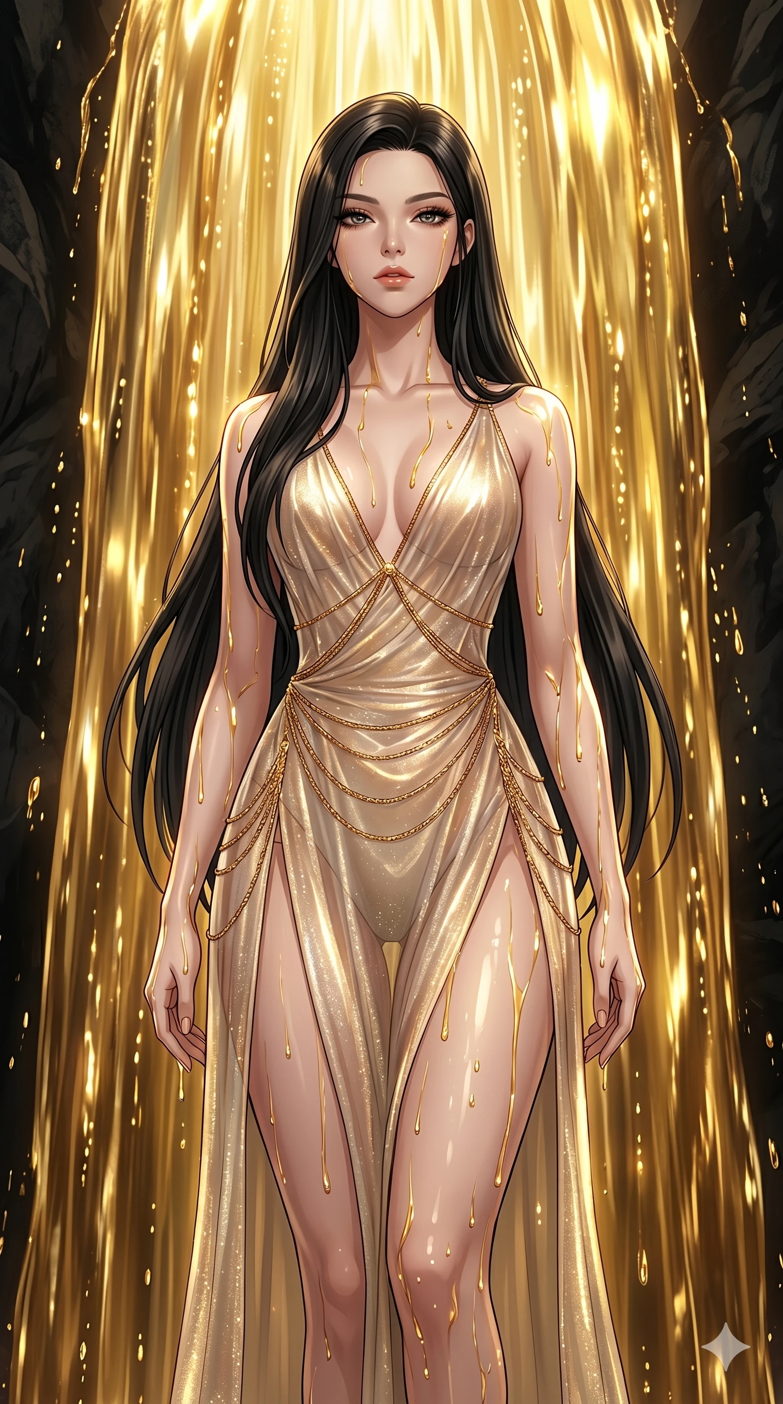 score_9, masterpiece, best quality, ultra-detailed, High-budget Anime Keyframe, East Asian woman. Low angle cowboy shot filling the entire 9:16 frame with her statuesque presence. Scenario 199: Standing under a waterfall of liquid gold, the fluid coating her form. Her presence is magnetic and overpowering in this high-budget anime scene. Outfit 199: A shimmering chiffon sheer with a thigh-high slit and fine gold chains. The clothing is designed to emphasize her exceptionally tall and slender 8-heads proportion. 8-heads proportion, towering silhouette, ultra-slim waist. sharp v-shaped jawline, intricate jewel-like eyes with depth, thick eyelashes, glossy lips. 2k, ultra detail, master piece, 9:16 ratio