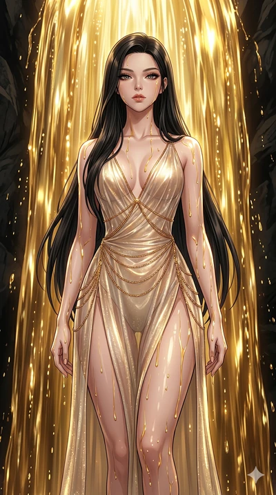 score_9, masterpiece, best quality, ultra-detailed, High-budget Anime Keyframe, East Asian woman. Low angle cowboy shot filling the entire 9:16 frame with her statuesque presence. Scenario 199: Standing under a waterfall of liquid gold, the fluid coa