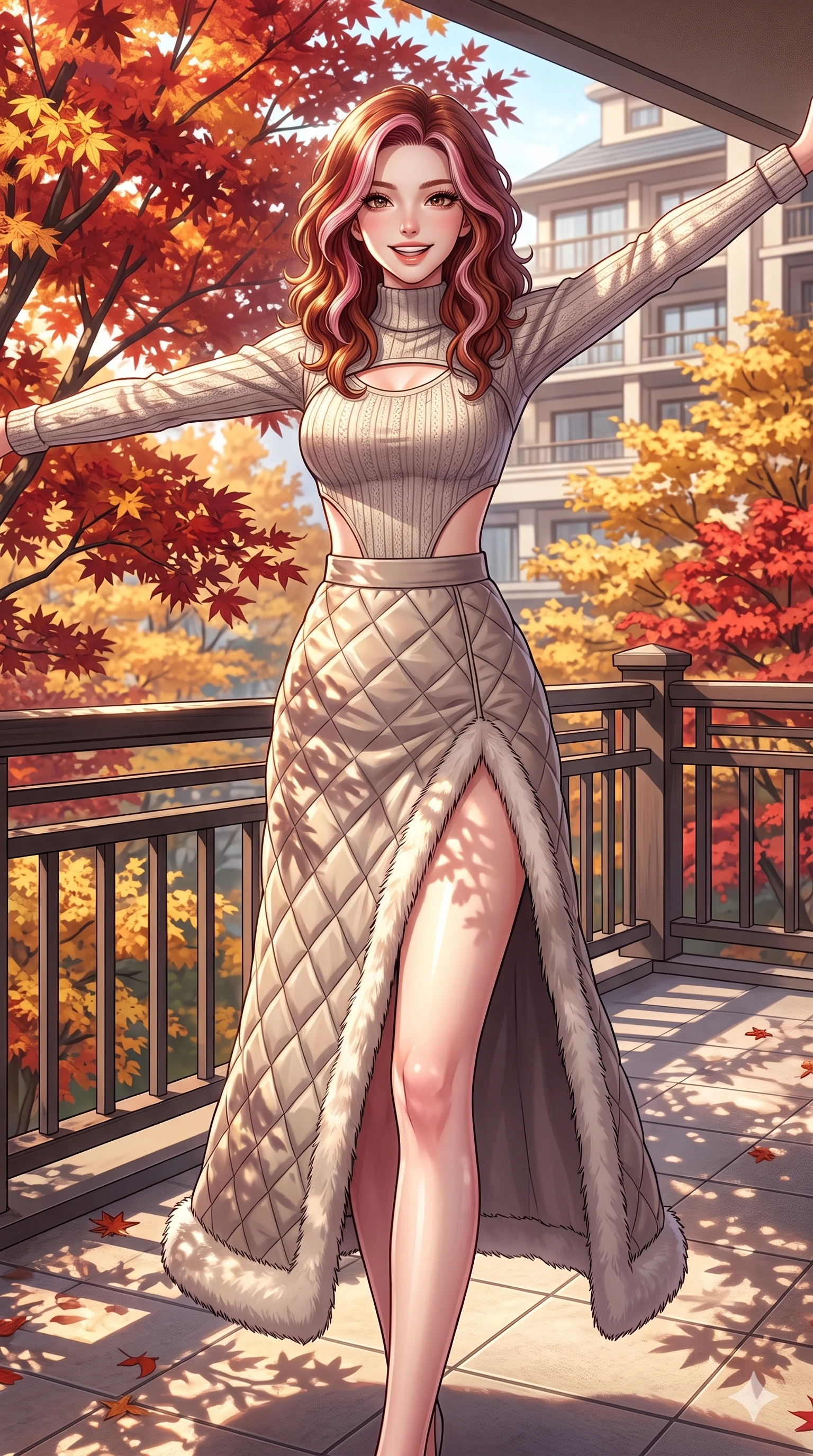 score_9, masterpiece, best quality, ultra-detailed, high-budget anime keyframe, vibrant anime aesthetic, Caucasian woman, strictly human ears. cowboy shot from the thighs up, character and outfit filling the frame for maximum presence. She is posing with a joyful, energetic winter smile, stretching her arms out playfully on a hotel suite terrace with autumn maples (Code-P21-108). She has an absolutely perfect 8-heads proportion, an exceptionally tall and slender female figure with impossibly long slender legs and an ultra-slim waist. V-shaped jawline, high-bridge nose, intricate jewel-like eyes with depth, thick eyelashes, glossy lips with a natural sheen. wearing a fusion top with exposed waist and high-slit skirt in winter. She is drenched in brilliant afternoon winter sunshine, casting patterns of pine leaves over her. 2k, ultra detail, master piece, 9:16 ratio