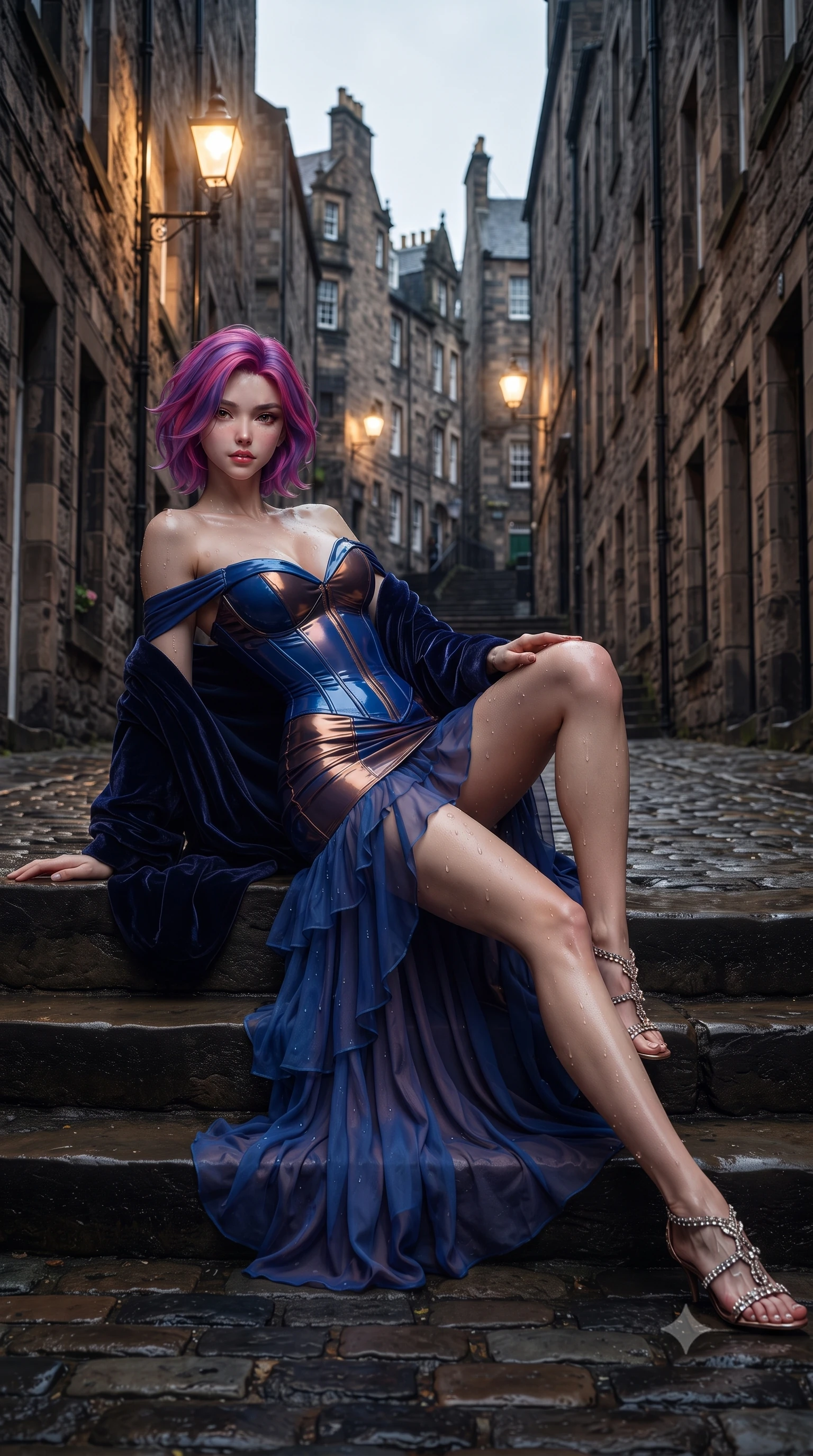 score_9, masterpiece, best quality, ultra-detailed, high-budget anime keyframe, editorial fashion photography, tasteful artistic composition, Caucasian woman. low angle full-body shot from head to toe showing her feet, filling the entire 9:16 vertical frame with her statuesque presence, stretching her vertical silhouette. reclining on her side in an elegant Cleopatra pose with one knee drawn up, the dramatic contour of her rounded hips and long slender legs commanding the 9:16 vertical frame while descending the steep, narrow cobblestone close between ancient stone tenements, arching her back with sovereign poise under glowing gas street lamps. The surrounding environment is rendered in vivid detail and crisp panoramic clarity. detailed heavy wool and velvet dress texture, mist droplet beads on skin, and historic Edinburgh close in high resolution. She has an exceptionally tall and slender model-like 8.5-heads proportion, an ultra-slim waist, a flat toned midriff, narrow delicate ribcage, and beautifully sculpted feminine hips creating a graceful, slim hourglass silhouette without any bulky heaviness, with impossibly long slender legs. sharp v-shaped jawline, high-bridge nose, intricate jewel-like eyes with depth, thick eyelashes, glossy parted lips with a natural sheen, intensely captivating and seductive bedroom-eyes expression, flawlessly proportioned anatomical accuracy, strict slender model proportions, natural body alignment, perfectly sculpted long slender limbs, ultra-slim waistline, clean dynamic posture without body distortion. wearing an off-shoulder French court corset bodice dress paired with a tiered translucent chiffon slit skirt in royal sapphire blue and liquid bronze, tailored from second-skin aerodynamic stretch vinyl with specular wet sheen, complemented by a plush velvet shawl draped loosely over her elbows, the second-skin form-contouring cut accentuating her sculpted flat midriff, narrow delicate ribcage, and gracefully curvy hips with supermodel precision. illuminated by wet stone specular bounce light sharply defining her sculpted cheekbones, ultra-slim waist, and curvy hips. ultra-reflective glossy finish, specular highlights, rich textural contrasts, high-contrast stereoscopic depth, volumetric dynamic lighting, 2k, ultra detail, master piece, 9:16 ratio