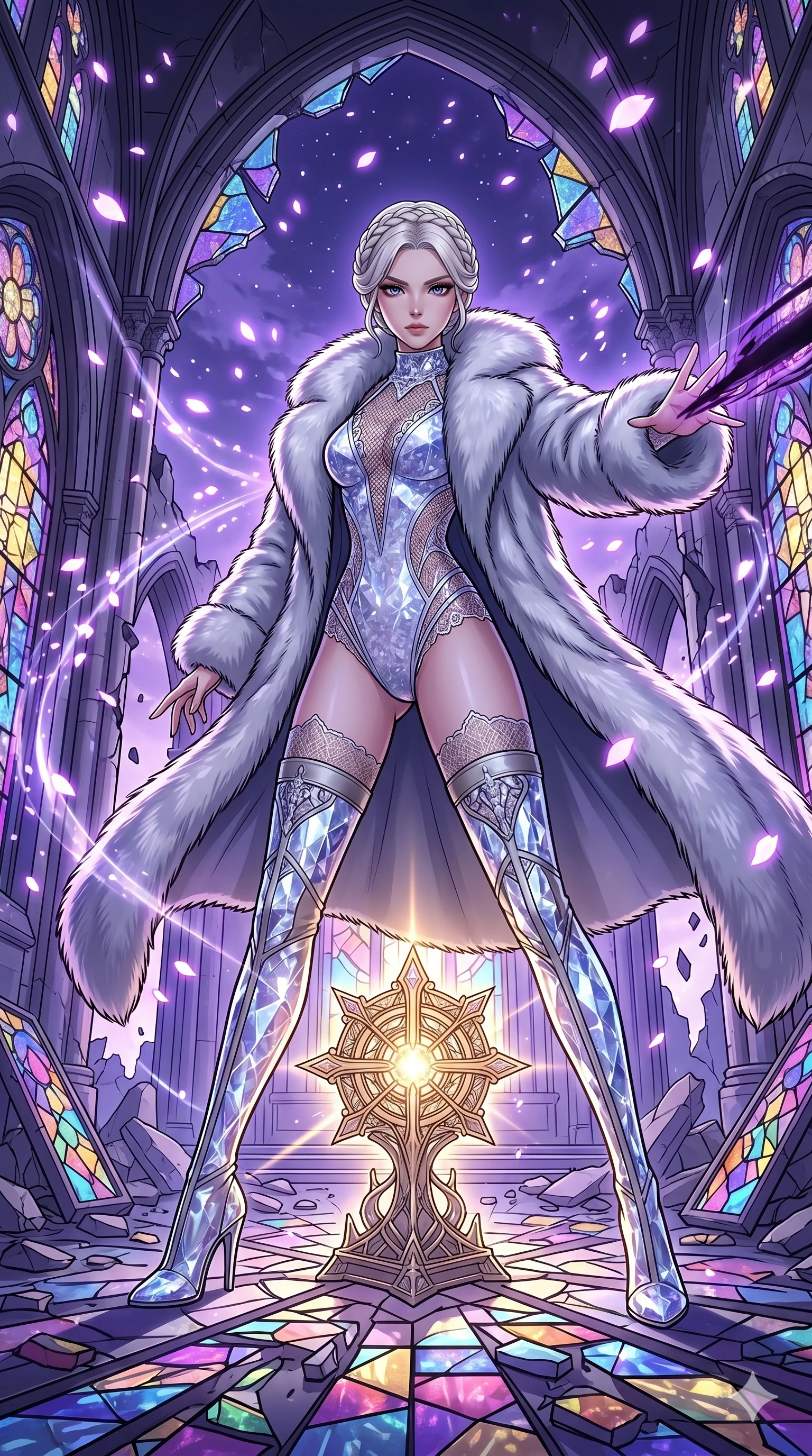 score_9, masterpiece, best quality, ultra-detailed, high-budget anime movie keyframe, cinematic anime lighting, intricate line art, Japanese woman. Low angle cowboy shot filling the entire 9:16 frame with her statuesque presence. defending a sacred relic in a shattered stained glass cathedral with digital sakura petals. She has an absolutely perfect 8-heads proportion, an exceptionally tall and slender female figure with an ultra-slim waist and impossibly long slender legs. sharp v-shaped jawline, high-bridge nose, intricate jewel-like eyes, thick eyelashes, glossy lips. Wearing seasonal winter-couture featuring a plush oversized faux-fur coat worn over a skin-tight crystalline leotard and thigh-high stiletto boots. The scene is illuminated by dramatic atmospheric lighting and vibrant color palettes. , 2k, ultra detail, master piece, 9:16 ratio