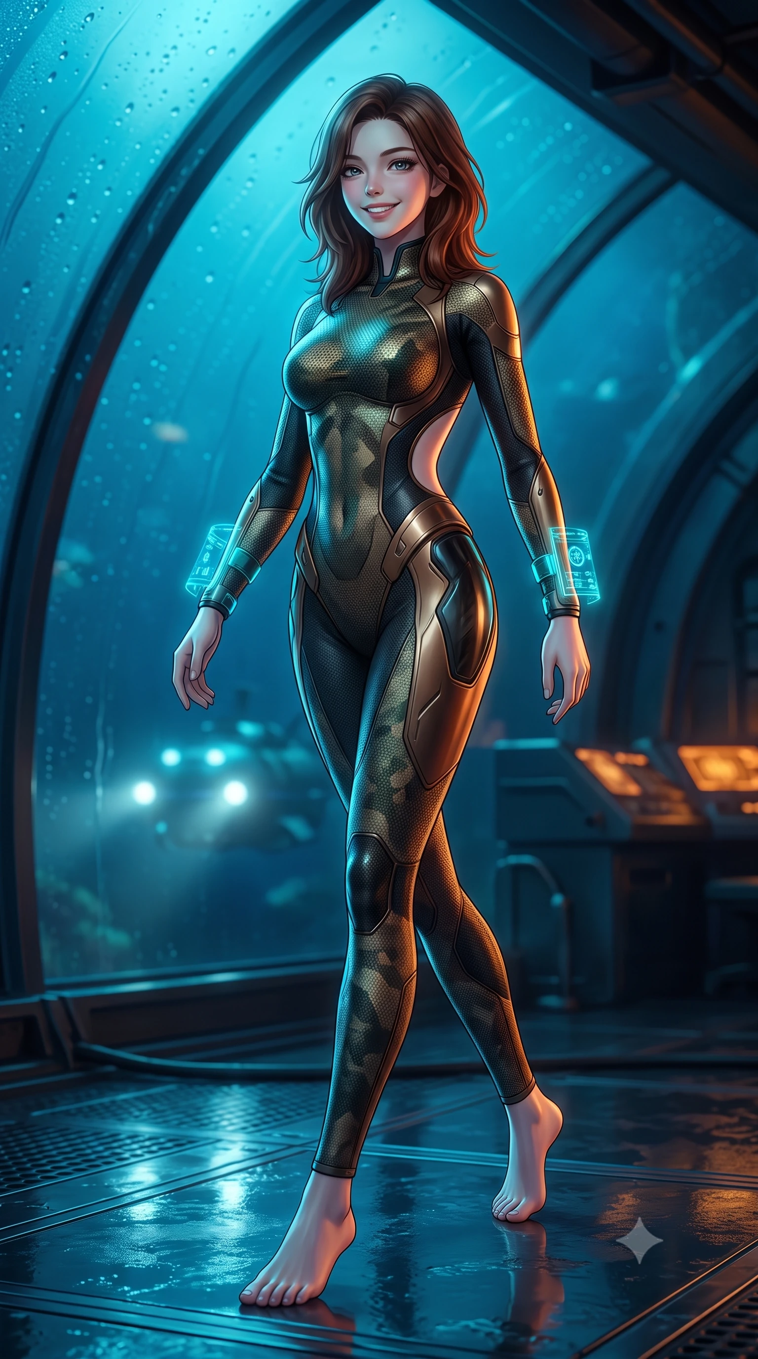 score_9, masterpiece, best quality, ultra-detailed, high-budget anime keyframe, semi-realistic 3D game render, editorial fashion photography, tasteful artistic composition, Korean woman. low angle full-body shot from head to toe showing her feet, filling the entire 9:16 vertical frame with her statuesque presence, stretching her vertical silhouette. striding forward gracefully across the reflective metal deck in mid-motion with a radiant beaming smile, hips swaying in an alluring kinetic rhythm that accentuates her curvy hourglass silhouette and long slender legs while lounging gracefully on a circular observation seat surrounded by the deep ocean, her tight suit commanding the mysterious submerged world. The background shows a soft-focus condensation beads on curved dome glass and distant research submarine headlights softened in moody aquatic shallow focus. She has an absolutely perfect, statuesque 8.5-heads proportion, an exceptionally tall and slender model-like female figure with impossibly long slender legs, an ultra-slim waist, a flat toned midriff, narrow delicate ribcage, and beautifully sculpted feminine hips creating a graceful, slim hourglass silhouette without any bulky heaviness. sharp v-shaped jawline, high-bridge nose, intricate jewel-like sparkling eyes with depth, thick eyelashes, glossy parted lips with a natural sheen, bright confident smile with an enchanting and coquettish sensual glint, exuding both youthful magnetic charm and sovereign high-tech allure, flawlessly proportioned anatomical accuracy, strict slender model proportions, natural body alignment, perfectly sculpted long slender limbs, ultra-slim waistline, clean dynamic posture without body distortion. wearing a second-skin cybernetic stealth suit with active-camo optical mesh and sculpted carbon hip guards in burnished bronze alloy and smoked glass black, formed from supple thermal silicone composite adhering seamlessly like a second skin, featuring sleek glowing cyan HUD display wrist cuffs with floating data telemetry, the precision-cut side openings and low-back scoop framing her graceful spine and the sensual sweep of her slim, toned hips. bathed in eerie deep-sea sapphire bioluminescence and warm interior instrument glow. highly saturated vibrant anime colors, detailed shading with soft gradients, rich glossy textures, high-contrast stereoscopic depth, volumetric dynamic lighting, master piece, 9:16 ratio