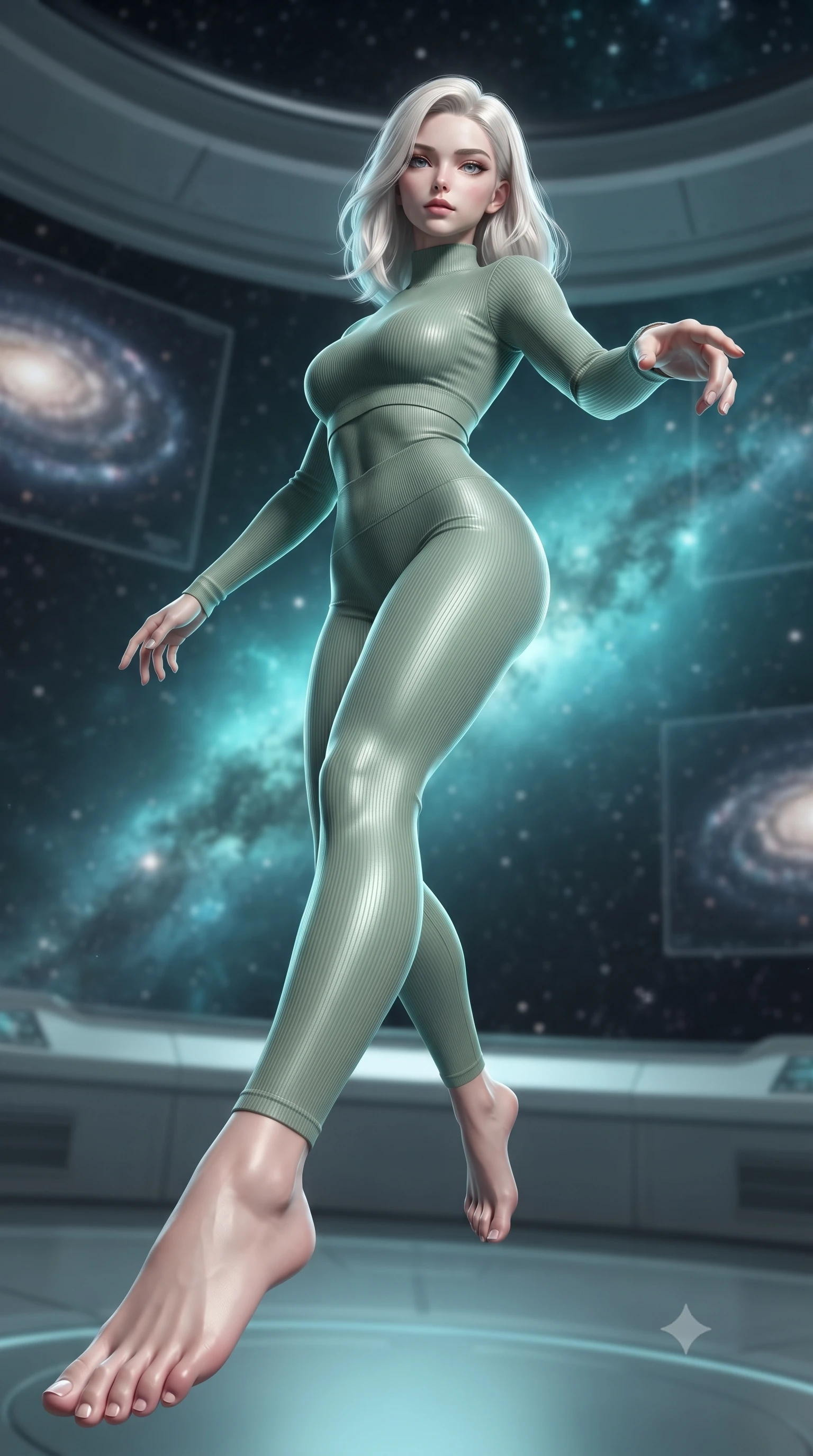 score_9, masterpiece, best quality, ultra-detailed, high-budget anime keyframe, editorial fashion photography, tasteful artistic composition, Caucasian woman woman. low angle full-body shot from head to toe showing her feet, filling the entire 9:16 vertical frame with her statuesque presence, stretching her vertical silhouette. She has an absolutely perfect, statuesque 8.5-heads proportion, an exceptionally tall and slender model-like female figure with impossibly long slender legs and an ultra-slim waist. floating dynamically in zero-gravity with flawless poise, reaching her hand forward gracefully, flawlessly proportioned anatomical accuracy, natural body alignment, perfectly sculpted elegant limbs, clean dynamic posture without body distortion. set against a soft-focus background of a panoramic star observatory deck with floating galaxy maps. wearing a tight-fitting sage green ribbed activewear set with a body-hugging silhouette. bathed in starlight and cosmic turquoise nebula glow wrapping her athletic build. ultra-reflective glossy finish, specular highlights, metallic sheen, high-contrast stereoscopic depth, volumetric dynamic lighting, 2k, ultra detail, master piece, 9:16 ratio