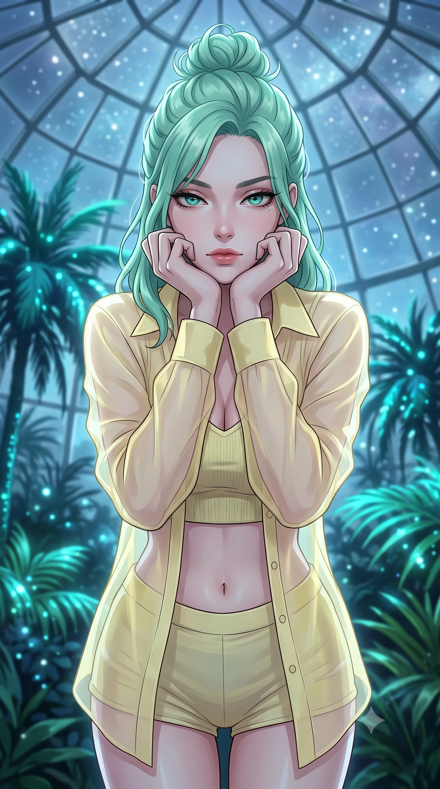 score_9, masterpiece, best quality, ultra-detailed, high-budget anime keyframe, tasteful artistic composition, Japanese woman. close-up cowboy shot from the waist and thighs up, the character dominates the composition, filling the frame with her large presence, background elements kept in soft focus. resting her chin on the backs of her fingers, casting a heavy-lidded, sultry look past the camera the background shows a soft-focus a geodesic glass greenhouse dome filled with glowing bioluminescent tropical palms. She has an exceptionally elegant, slender, and willowy female figure with an ultra-slim waist, a gracefully sculpted slender torso, and a refined silhouette. sharp v-shaped jawline, high-bridge nose, intricate jewel-like eyes with depth, thick eyelashes, glossy lips with a natural sheen. wearing a tailored sheer organza shirt in pale yellow worn open over a knit crop top and micro-shorts. opal silver starlight filtering through the glass ceiling, creating a cool ambient atmosphere. highly saturated vibrant anime colors, cel-shading, 2d style, master piece, 9:16 ratio
