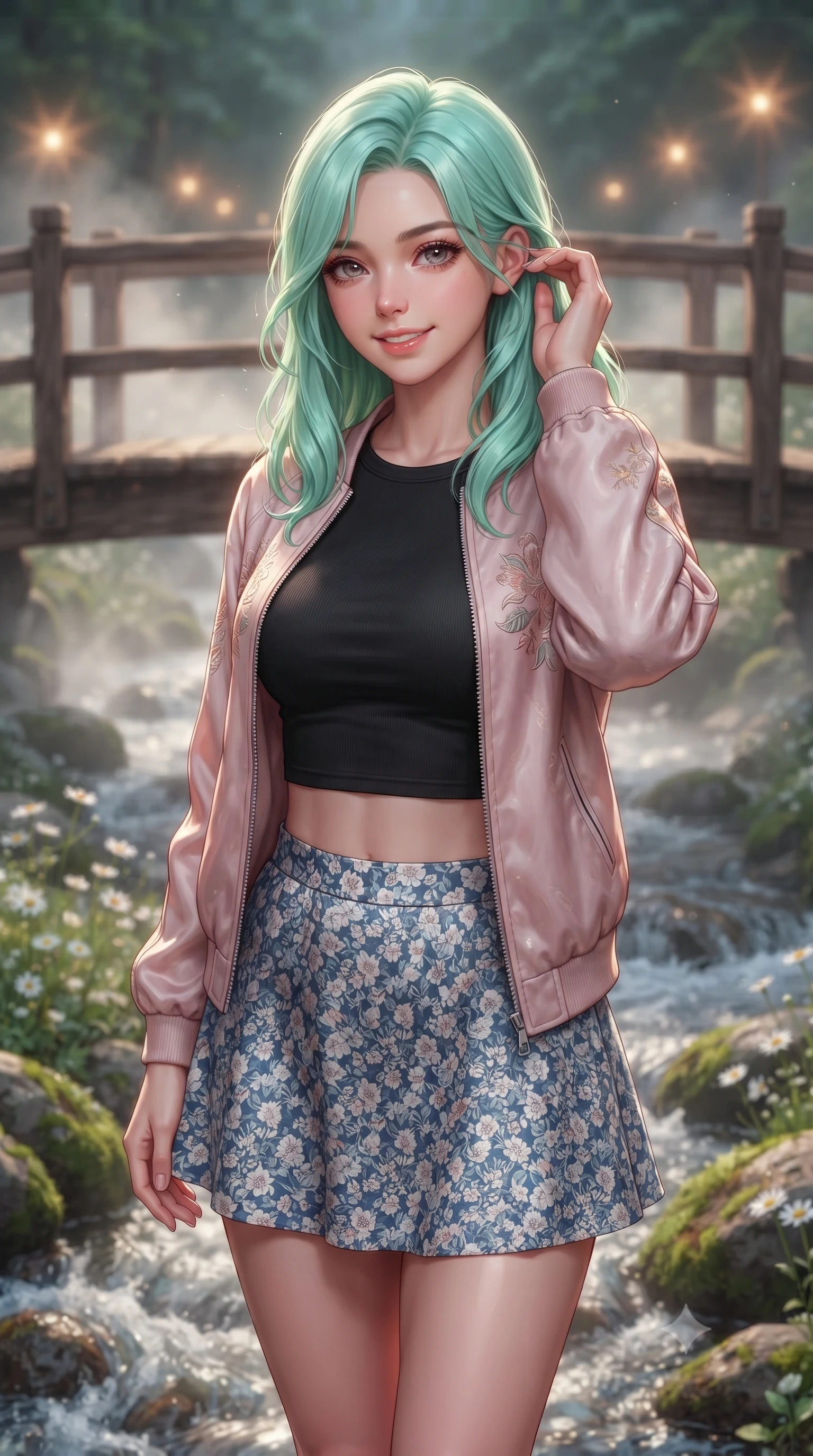 score_9, masterpiece, best quality, ultra-detailed, high-budget anime keyframe, editorial fashion photography, tasteful artistic composition, Japanese woman. close-up cowboy shot from the waist and thighs up, the character dominates the composition, filling the frame with her large presence, background elements kept in soft focus. smiling cutely while gently brushing a strand of hair behind her ear set against a soft-focus background of on a rustic wooden bridge crossing a shallow, bubbling valley stream with small white wildflowers growing between the mossy river rocks. She has an exceptionally elegant, slender, and willowy female figure with an ultra-slim waist, a gracefully sculpted slender torso, and a refined silhouette. sharp v-shaped jawline, high-bridge nose, intricate jewel-like eyes with depth, thick eyelashes, glossy lips with a natural sheen. wearing slim-fit modern crop top shirt paired with a mini skirt and an unzipped light bomber jacket. soft morning mist rising from the stream, diffusing the warm starlight. highly saturated vibrant anime colors, detailed shading with soft gradients, rich glossy textures, high-contrast stereoscopic depth, volumetric dynamic lighting, master piece, 9:16 ratio