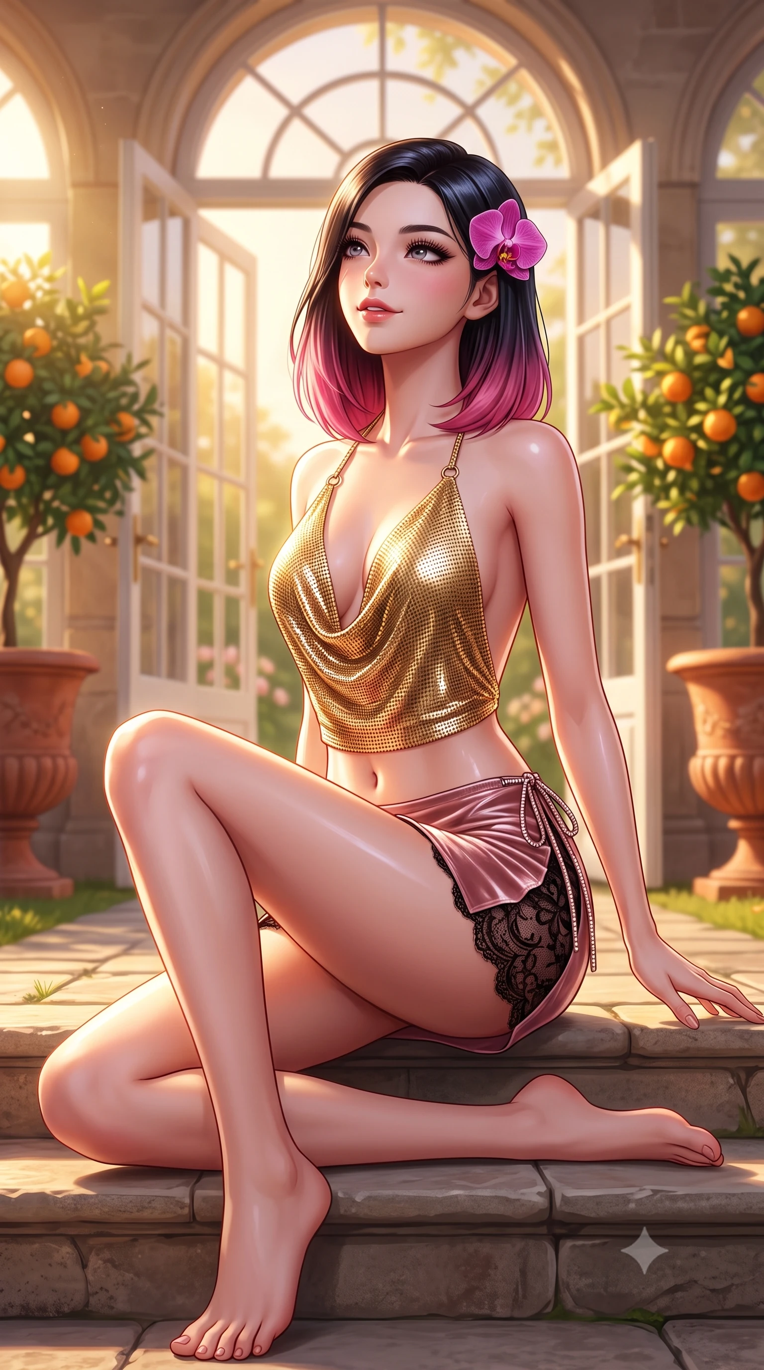 score_9, masterpiece, best quality, ultra-detailed, high-budget anime keyframe, semi-realistic 3D game render, editorial fashion photography, tasteful artistic composition, Korean woman. low angle full-body shot from head to toe showing her feet, filling the entire 9:16 vertical frame with her statuesque presence, stretching her vertical silhouette. sitting poised on the stone steps with one knee bent, arching her spine with supermodel elegance as she glances upward through thick eyelashes while standing between fragrant blossoming orange trees in terracotta urns, arching her spine with radiant Mediterranean nymph poise. The background shows a soft-focus arched glass french doors softened in idyllic historic garden shallow focus. She has an absolutely perfect, statuesque 8.5-heads proportion, an exceptionally tall and slender model-like female figure with impossibly long slender legs, an ultra-slim waist, a flat toned midriff, narrow delicate ribcage, and beautifully sculpted feminine hips creating a graceful, slim hourglass silhouette without any bulky heaviness. sharp v-shaped jawline, high-bridge nose, sparkling eyes with hypnotic seductive depth, thick curled eyelashes, glossy parted lips with a natural dewy peach sheen, alluring bedroom-eyes with an enchanting coquettish smile, exuding magnetic siren charisma and sophisticated glamour, flawlessly proportioned anatomical accuracy, strict slender model proportions, natural body alignment, perfectly sculpted long slender limbs, ultra-slim waistline, clean dynamic posture without body distortion. wearing a plunging cowl-neck liquid gold chainmail halter top paired with an ultra-low-rise velvet mini skirt and side rhinestone ties in dusky blush rose and antique black chantilly lace, crafted from wet-look high-gloss vinyl fabric with dazzling specular surface reflections, accented with a fresh-bloomed exotic magenta orchid tucked gracefully into her dark glossy hair, the liquid-tight tailored fabric clinging flawlessly to her narrow waist and rounded feminine hips, emphasizing every millimeter of her sculpted slim hourglass curves without any bulky heaviness. bathed in warm golden late afternoon sunlight flooding through southern-facing glass doors. highly saturated vibrant anime colors, detailed shading with soft gradients, rich glossy textures, high-contrast stereoscopic depth, volumetric dynamic lighting, master piece, 9:16 ratio