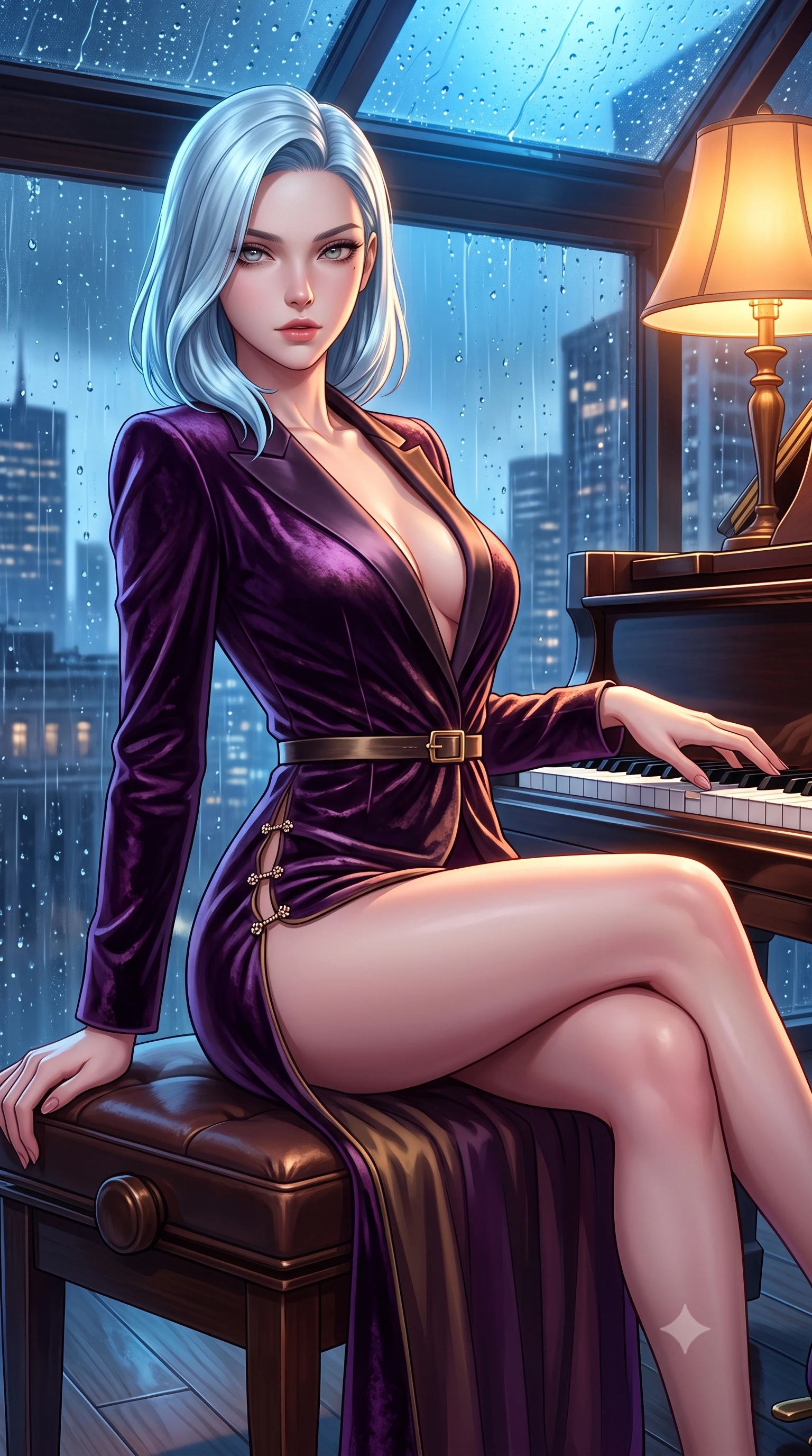 score_9, masterpiece, best quality, ultra-detailed, high-budget anime keyframe, semi-realistic 3D game render, editorial fashion photography, tasteful artistic composition, Korean woman. close-up cowboy shot from the waist and thighs up, the character dominates the composition, filling the frame with her large presence. leaning back with relaxed seductive grace, her sculpted collarbones and narrow waist highlighted as she casts smoldering bedroom-eyes directly into the camera while sitting sideways on the piano bench with legs crossed and hips tilted toward the camera, running her fingers lightly across the keys with parted glossy lips. The surrounding environment is rendered in vivid detail and crisp panoramic clarity. detailed wet glass raindrop beads, silk dress drape folds, and city skyline architecture in high clarity. She has an exceptionally elegant, slender, and willowy female figure with an ultra-slim waist, a gracefully sculpted slender torso, toned flat midriff, and rounded feminine hips creating an alluring hourglass silhouette. sharp v-shaped jawline, high-bridge nose, intricate jewel-like eyes with depth, thick eyelashes, glossy parted lips with a natural sheen, intensely captivating and seductive bedroom-eyes expression, flawlessly proportioned anatomical accuracy, strict slender model proportions, natural body alignment, perfectly sculpted long slender limbs, ultra-slim waistline, clean dynamic posture without body distortion. wearing a tailored royal tuxedo jacket dress with silk satin lapels and a slim gold-buckle waist belt in deep plum violet and antique bronze, crafted from heavyweight crushed silk velvet with liquid vintage luster, finished with an ultra-high side slit secured by miniature jeweled clasps, the precision-cut side openings and low-back scoop framing her graceful spine and the sensual sweep of her hips. bathed in warm amber incandescent piano lamp glow contrasting with cool blue rain-slicked skylight. highly saturated vibrant anime colors, detailed shading with soft gradients, rich glossy textures, high-contrast stereoscopic depth, volumetric dynamic lighting, master piece, 9:16 ratio