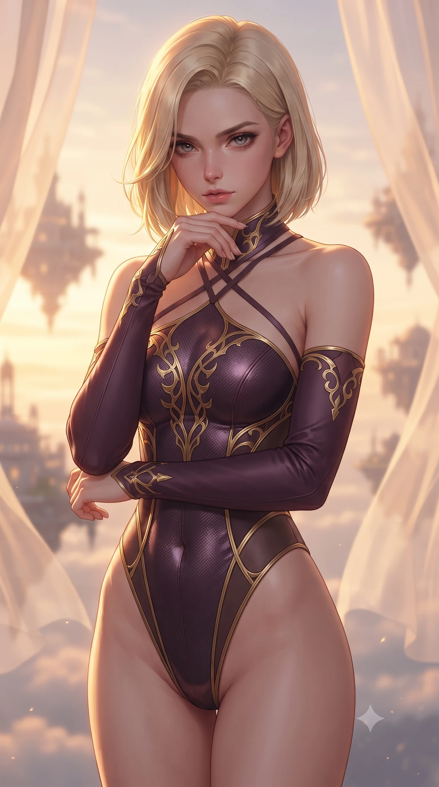 score_9, masterpiece, best quality, ultra-detailed, high-budget anime keyframe, editorial fashion photography, tasteful artistic composition, Caucasian woman. close-up cowboy shot from the waist and thighs up, the character dominates the composition, filling the frame with her large presence, background elements kept in soft focus. Resting her chin on the backs of her fingers, casting a sharp, mysterious gaze gazing out at a dreamlike palace archipelago suspended in golden hour light, translucent silk curtains drifting lazily in a warm sky breeze. She has an exceptionally elegant, slender, and willowy female figure with an ultra-slim waist, a gracefully sculpted slender torso, and a refined silhouette. sharp v-shaped jawline, high-bridge nose, intricate jewel-like eyes with depth, thick eyelashes, glossy lips with a natural sheen. wearing an asymmetrical high-cut tech-bodysuit with detached sleeves in plum purple and gold filigree, made of fine carbon-fiber weave and soft matte leather, complemented by criss-cross back straps highlighting her bare shoulders, the elegant draped fit framing her graceful clavicle and slender torso. illuminated by soft glowing sunset radiance with dramatic golden rim highlights. ultra-reflective glossy finish, specular highlights, metallic sheen, high-contrast stereoscopic depth, volumetric dynamic lighting, 2k, ultra detail, master piece, 9:16 ratio