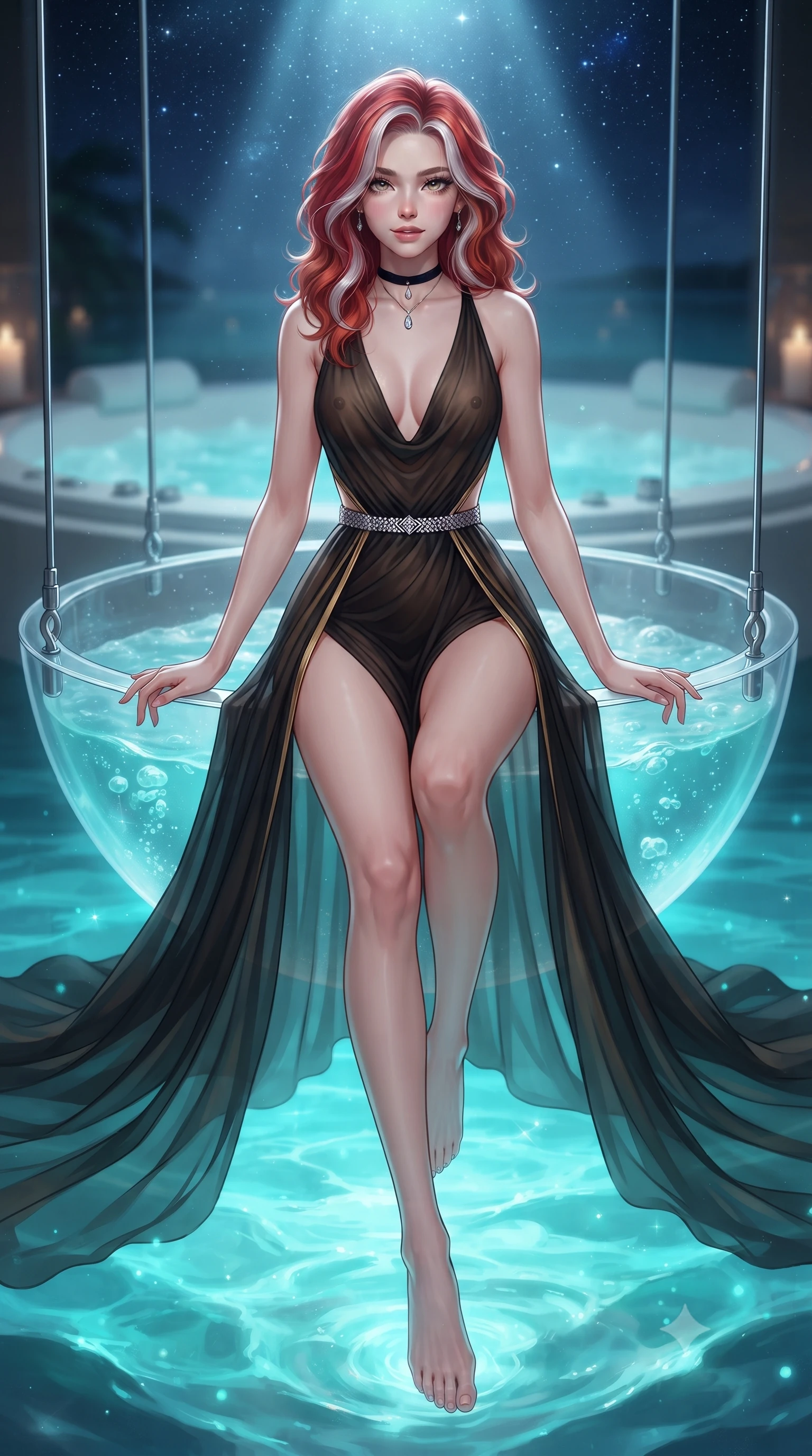 score_9, masterpiece, best quality, ultra-detailed, high-budget anime keyframe, editorial fashion photography, tasteful artistic composition, Caucasian woman. low angle full-body shot from head to toe showing her feet, filling the entire 9:16 vertical frame with her statuesque presence, stretching her vertical silhouette. stepping slowly toward the camera with hypnotic grace, hips swaying in an alluring sensual rhythm that accentuates her curvy hourglass silhouette and long slender legs while sitting poised inside the clear acrylic jacuzzi suspended over the glowing turquoise lagoon, arching her spine with wet-look siren grace as neon-cyan plankton waves wash beneath. The background shows a soft-focus bubbling hydrotherapy jet rings softened in intimate tropical luxury shallow focus. She has an absolutely perfect, statuesque 8.5-heads proportion, an exceptionally tall and slender model-like female figure with impossibly long slender legs, an ultra-slim waist, a flat toned midriff, narrow delicate ribcage, and beautifully sculpted feminine hips creating a graceful, slim hourglass silhouette without any bulky heaviness. sharp v-shaped jawline, high-bridge nose, sparkling eyes with hypnotic seductive depth, thick curled eyelashes, glossy parted lips with a natural dewy peach sheen, alluring bedroom-eyes with an enchanting coquettish smile, exuding magnetic siren charisma and sophisticated glamour, flawlessly proportioned anatomical accuracy, strict slender model proportions, natural body alignment, perfectly sculpted long slender limbs, ultra-slim waistline, clean dynamic posture without body distortion. wearing a plunging cowl-neck liquid silk evening gown with dramatic train and diamond-accented waist cinch in Shanghai Art Deco black and polished brass gold, made of sheer gossamer chiffon that drapes softly against skin with airy translucence, finished with a thin velvet ribbon choker and a single teardrop diamond pendant, the precision-cut side openings and low-back scoop framing her graceful spine and the sensual sweep of her slim, toned hips. bathed in supernatural glowing neon-cyan light radiating upward from bioluminescent lagoon waters mixed with celestial starlight. ultra-reflective glossy finish, specular highlights, rich textural contrasts, high-contrast stereoscopic depth, volumetric dynamic lighting, 2k, ultra detail, master piece, 9:16 ratio