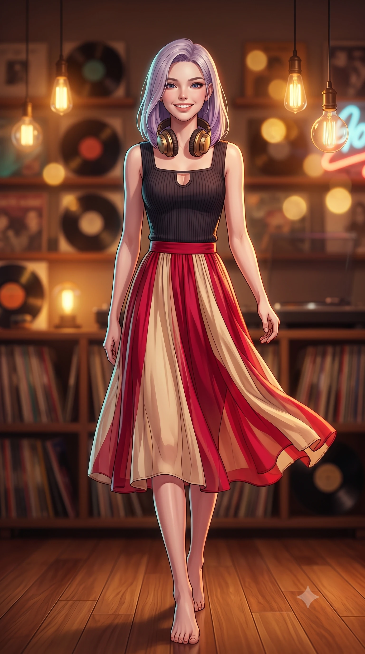 score_9, masterpiece, best quality, ultra-detailed, high-budget anime keyframe, editorial fashion photography, tasteful artistic composition, Caucasian woman. low angle full-body shot from head to toe showing her feet, filling the entire 9:16 vertical frame with her statuesque presence, stretching her vertical silhouette. walking forward in a proud dynamic stride with a cheerful beaming smile, her vertical silhouette filling the frame while sitting at a wooden counter wearing vintage headphones with a joyful, relaxed smile. The composition keeps background elements in soft focus with dreamy bokeh. shelves of vintage vinyl records and warm amber Edison lamps blurred into cozy golden bokeh. She has an absolutely perfect, statuesque 8.5-heads proportion, an exceptionally tall and slender model-like female figure with impossibly long slender legs and an ultra-slim waist. sharp v-shaped jawline, high-bridge nose, intricate jewel-like eyes with depth, thick eyelashes, glossy lips with a natural sheen, flawlessly proportioned anatomical accuracy, natural body alignment, perfectly sculpted elegant limbs, clean dynamic posture without body distortion. wearing a chic square-neck ribbed top paired with a flowing A-line midi skirt in vivid crimson red and champagne cream, crafted from lightweight fluid chiffon, accented with a Tasteful chest slit framing her clavicle gracefully, the form-contouring material highlighting her ultra-slim waist and long lines. bathed in warm golden amber lamp glow and retro neon rim light. highly saturated vibrant anime colors, detailed shading with soft gradients, rich glossy textures, high-contrast stereoscopic depth, volumetric dynamic lighting, master piece, 9:16 ratio