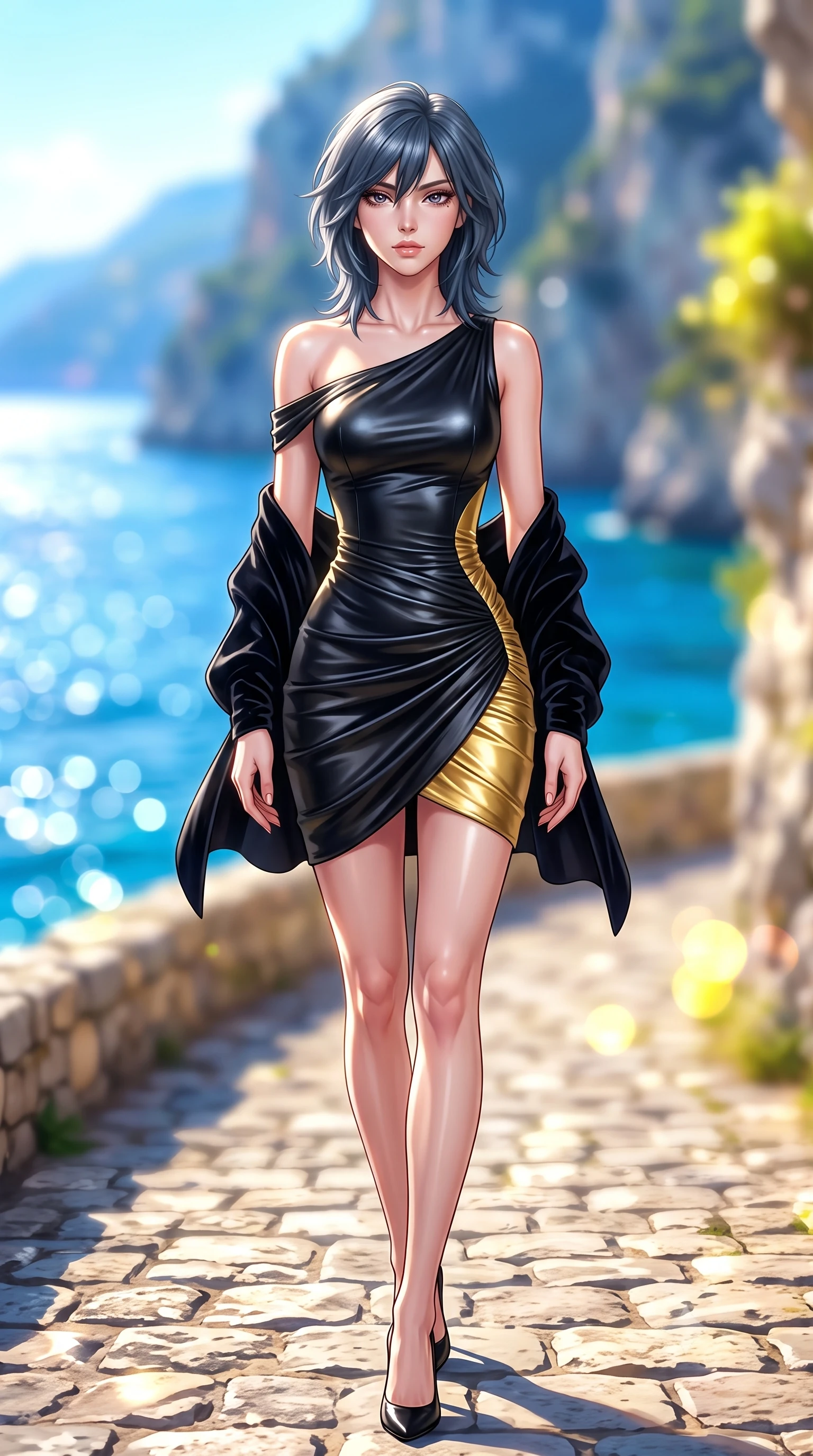 score_9, masterpiece, best quality, ultra-detailed, high-budget anime keyframe, semi-realistic 3D game render, editorial fashion photography, tasteful artistic composition, Caucasian woman. low angle full-body shot from head to toe showing her feet, filling the entire 9:16 vertical frame with her statuesque presence, stretching her vertical silhouette. striding forward in a proud supermodel runway stride, hips swaying in an alluring kinetic rhythm that accentuates her curvy hourglass silhouette while standing poised on the sun-dappled cobblestone path, twisting her slender torso in an alluring contrapposto stance as the Mediterranean breeze flutters her dress. The composition keeps background elements in soft focus with creamy bokeh. sun-drenched cobalt Mediterranean sea and dramatic Amalfi limestone cliffs blurred into radiant sapphire, turquoise, and lemon-yellow bokeh. She has an exceptionally tall and slender model-like 8.5-heads proportion, an ultra-slim waist, a flat toned midriff, narrow delicate ribcage, and beautifully sculpted feminine hips creating a graceful, slim hourglass silhouette without any bulky heaviness, with impossibly long slender legs. sharp v-shaped jawline, high-bridge nose, intricate jewel-like eyes with depth, thick eyelashes, glossy parted lips with a natural sheen, intensely captivating and seductive bedroom-eyes expression, flawlessly proportioned anatomical accuracy, strict slender model proportions, natural body alignment, perfectly sculpted long slender limbs, ultra-slim waistline, clean dynamic posture without body distortion. wearing a form-contouring cocktail dress with an asymmetrical open shoulder and hip-defining ruching in midnight obsidian black and liquid gold, formed from supple second-skin lambskin leather with specular sheen, complemented by a plush velvet shawl draped loosely over her elbows, the liquid-tight tailored fabric clinging flawlessly to her narrow waist and rounded feminine hips, emphasizing every millimeter of her sculpted slim hourglass curves without any bulky heaviness. illuminated by intense specular sea surface glints defining her sculpted collarbones, narrow waist, and curvy hips. highly saturated vibrant anime colors, detailed shading with soft gradients, rich glossy textures, high-contrast stereoscopic depth, volumetric dynamic lighting, master piece, 9:16 ratio