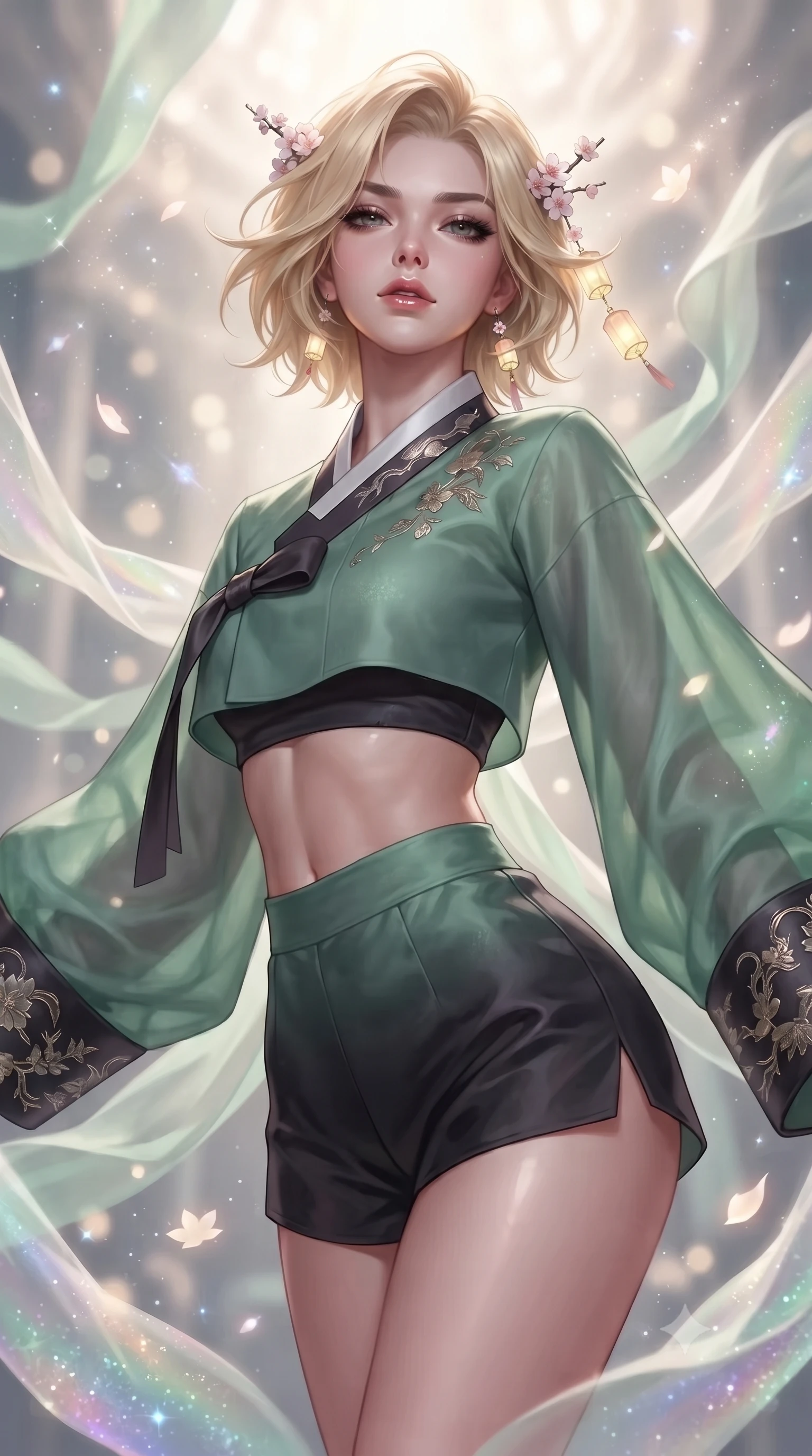 score_9, masterpiece, best quality, ultra-detailed, high-budget anime keyframe, editorial fashion photography, tasteful artistic composition, Caucasian woman. close-up cowboy shot from the waist and thighs up, the character dominates the composition, filling the frame with her large presence. tilting her chin up with proud, sovereign confidence while gazing directly into the lens with thick, dark eyelashes while floating weightlessly in a celestial sanctuary chamber where endless translucent silk ribbons and glowing star petals drift in zero gravity. The composition keeps background elements in soft focus with creamy bokeh. glowing starlight flecks and iridescent fabric sparkles scattering cosmic radiant light motes. She has an exceptionally elegant, slender, and willowy female figure with an ultra-slim waist, a gracefully sculpted slender torso, toned flat midriff, and a refined slim silhouette. sharp v-shaped jawline, high-bridge nose, intricate jewel-like eyes with depth, thick eyelashes, glossy lips with a natural sheen, captivating and magnetic expression, flawlessly proportioned anatomical accuracy, strict slender model proportions, natural body alignment, perfectly sculpted long slender limbs, ultra-slim waistline, clean dynamic posture without body distortion. wearing a modern shortened cyber-hanbok crop top with wide billowing sleeves and high-waist silk shorts in jade green and dark obsidian, woven from fine mulberry silk with metallic thread embroidery, accessorized with delicate cherry blossom hairpins and glowing paper lantern charms, the breezy yet form-flattering drape swaying gracefully with her steps, accentuating her long willowy limbs and slim waistline. illuminated by crisp specular highlights tracing her ultra-slim waist, toned midriff, and long slender limbs. ultra-reflective glossy finish, specular highlights, rich textural contrasts, high-contrast stereoscopic depth, volumetric dynamic lighting, 2k, ultra detail, master piece, 9:16 ratio