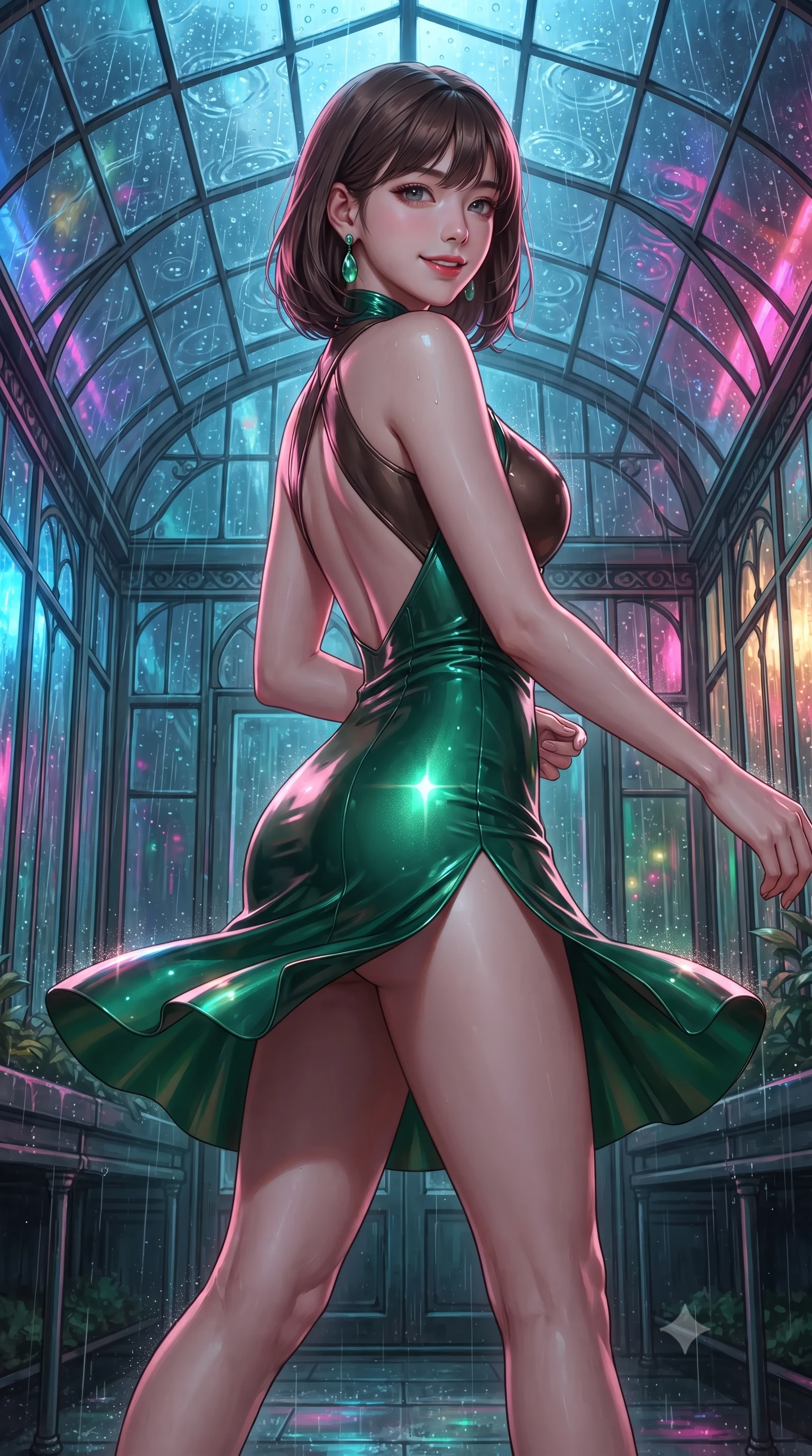 score_9, masterpiece, best quality, ultra-detailed, high-budget anime keyframe, editorial fashion photography, tasteful artistic composition, Korean woman. low angle full-body shot from head to toe showing her feet, filling the entire 9:16 vertical frame with her statuesque presence, stretching her vertical silhouette. executing a slow, graceful pivot turn as her skirt sways around her slender legs, glancing back with an enchanting, teasing sensual expression while twisting her slender torso in an alluring contrapposto stance, raindrops drumming on glass above as neon reflections wash over her curves. The surrounding environment is rendered in vivid detail and crisp panoramic clarity: detailed wet-look latex cheongsam mini dress cling, jade earring shine, and retro-futuristic greenhouse framing in razor-sharp precision. She has an absolutely perfect, statuesque 8.5-heads proportion, an exceptionally tall and slender model-like female figure with impossibly long slender legs, an ultra-slim waist, a flat toned midriff, narrow delicate ribcage, and beautifully sculpted feminine hips creating a graceful, slim hourglass silhouette without any bulky heaviness. sharp v-shaped jawline, high-bridge nose, sparkling eyes with hypnotic seductive depth, thick curled eyelashes, glossy parted lips with a natural dewy peach sheen, alluring bedroom-eyes with an enchanting coquettish smile, exuding magnetic siren charisma and sophisticated glamour, flawlessly proportioned anatomical accuracy, strict slender model proportions, natural body alignment, perfectly sculpted long slender limbs, ultra-slim waistline, clean dynamic posture without body distortion. wearing a criss-cross halterneck keyhole bodysuit with open back and sculpted waist darts in sultry espresso bronze and metallic copper, woven from stretch metallic lurex jersey casting radiant starlight glints across her silhouette, finished with scalloped eyelash lace trim framing her sweetheart neckline with intimate elegance, the precision-cut side openings and low-back scoop framing her graceful spine and the sensual sweep of her slim, toned hips. bathed in dynamic shifting multi-color neon light transmitted through rain-streaked exterior glass. ultra-reflective glossy finish, specular highlights, rich textural contrasts, high-contrast stereoscopic depth, volumetric dynamic lighting, 2k, ultra detail, master piece, 9:16 ratio