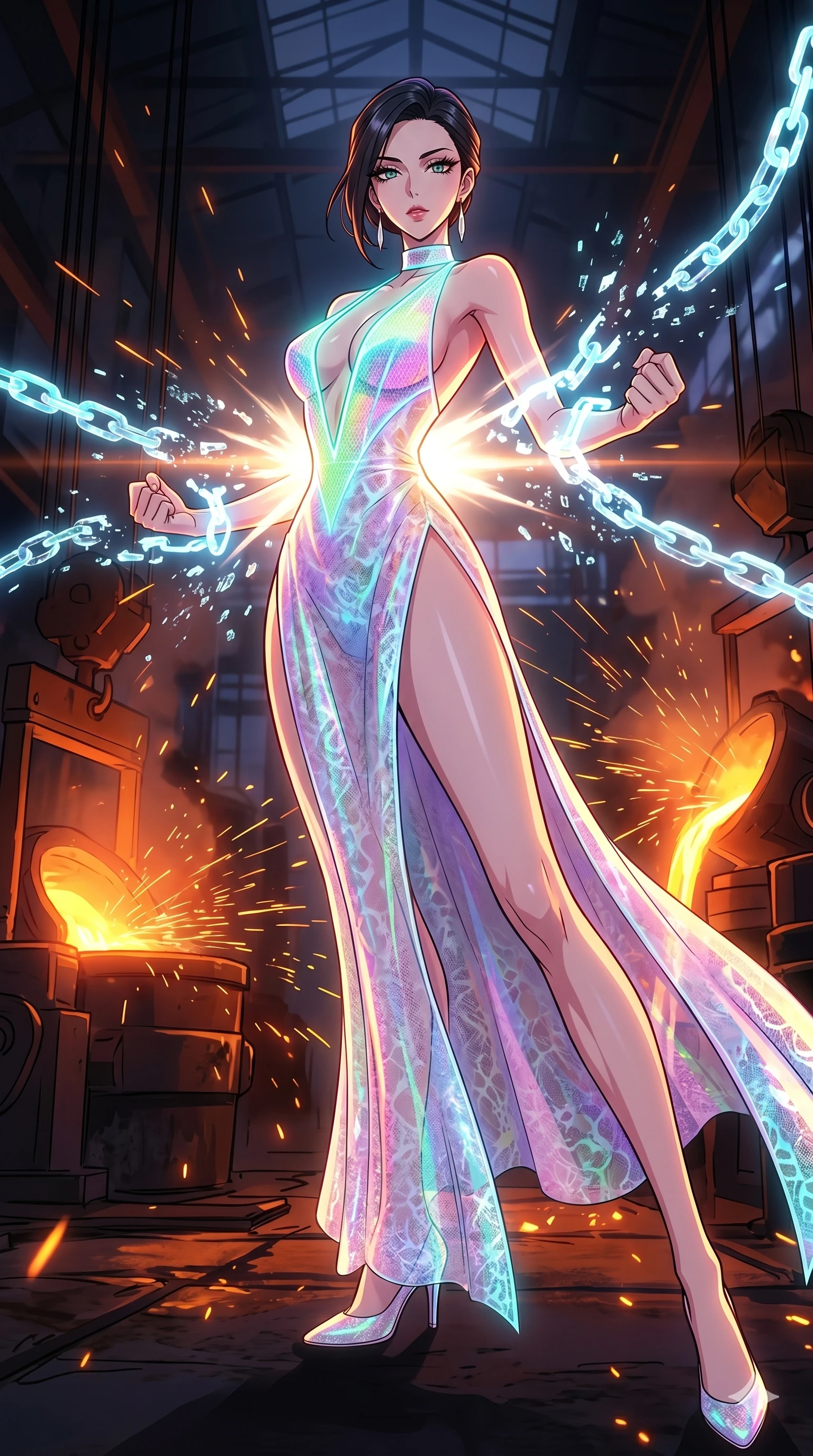 score_9, masterpiece, best quality, ultra-detailed, High-budget Anime Keyframe, vibrant colors, fluid line-art, expressive lighting, cinematic composition, Ufotable-style visual effects, top-tier animation quality, Japanese woman with delicate and elegant anime-inspired features. Dynamic full-body shot stretching the vertical silhouette, capturing her from a powerful low-angle perspective. Breaking free from glowing energy chains with a powerful burst of inner light, the links shattering into digital dust. She has an absolutely perfect 8-heads proportion, an exceptionally tall and slender female figure with impossibly long slender legs and an ultra-slim waist, her statuesque height and towering silhouette dominating the vertical 9:16 frame. Her face is a masterpiece featuring a sharp v-shaped jawline, high-bridge nose, intricate jewel-like eyes with depth, thick eyelashes, and glossy lips with a natural sheen. She is wearing a Holographic lace evening gown with a dangerously high slit and a plunging neckline crafted from Fluorescent mesh that glows brightly under neon light, highlighting her silhouette, with sheer fabric transparency over her delicate curves and a high-cut silhouette. The scene is set in a gritty industrial factory with glowing molten metal, flying sparks, and deep shadows, illuminated by dynamic strobe effects that capture her movement in a series of sharp fragments. 2k, ultra detail, master piece, 9:16 ratio