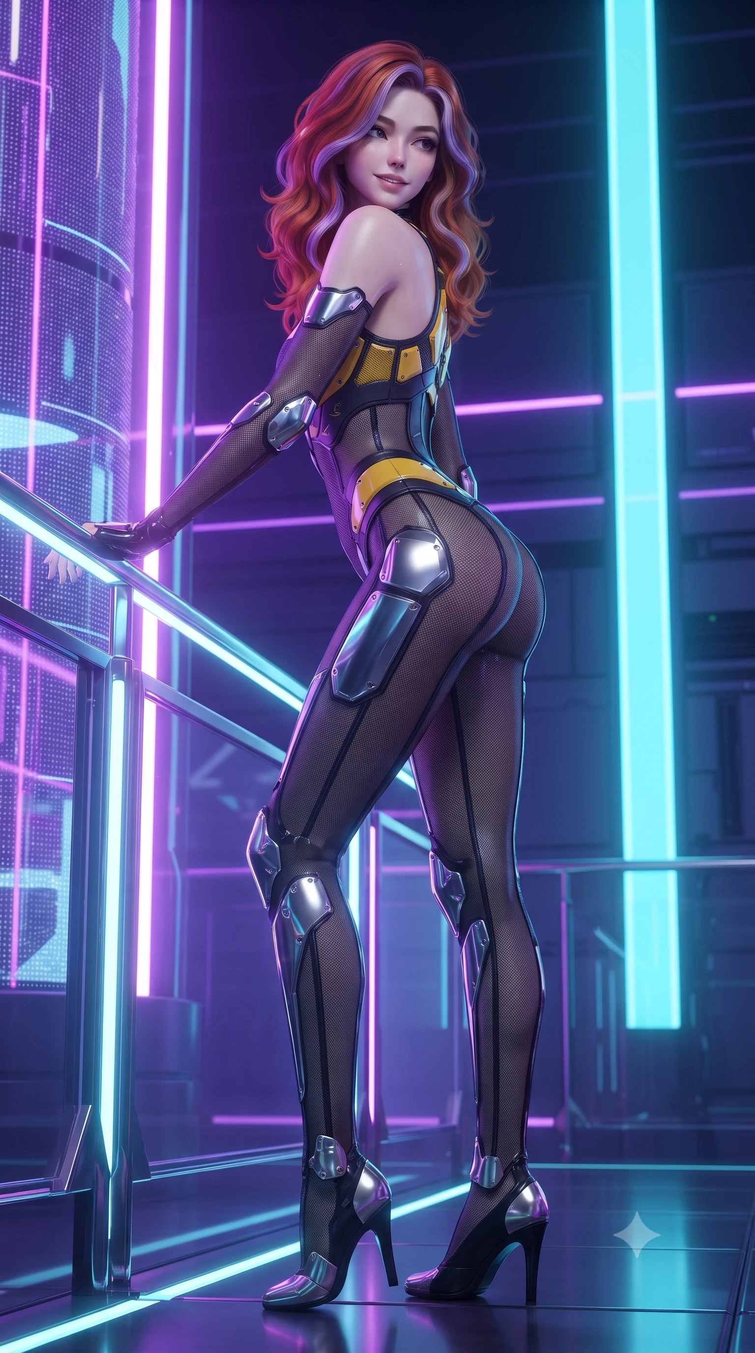 score_9, masterpiece, best quality, ultra-detailed, high-budget anime keyframe, editorial fashion photography, tasteful artistic composition, Caucasian woman. low angle full-body shot from head to toe showing her feet, filling the entire 9:16 vertical frame with her statuesque presence, stretching her vertical silhouette. standing in a tall, confident posture with one hand on a glowing metal railing, stretching her statuesque body as she arches her lower back to emphasize her sculpted feminine hips and slender waist while leaning against a glowing quantum processing column with hips cocked back, looking over a bare shoulder with an alluring, cybernetic bedroom-gaze. The surrounding environment is rendered in vivid detail and crisp panoramic clarity: detailed carbon armor plates, fine nano-mesh sheen, and cutting-edge data facility architecture in razor-sharp precision. She has an absolutely perfect, statuesque 8.5-heads proportion, an exceptionally tall and slender model-like female figure with impossibly long slender legs, an ultra-slim waist, a flat toned midriff, narrow delicate ribcage, and beautifully sculpted feminine hips creating a graceful, slim hourglass silhouette without any bulky heaviness. sharp v-shaped jawline, high-bridge nose, intricate jewel-like sparkling eyes with depth, thick eyelashes, glossy parted lips with a natural sheen, bright confident smile with an enchanting and coquettish sensual glint, exuding both youthful magnetic charm and sovereign high-tech allure, flawlessly proportioned anatomical accuracy, strict slender model proportions, natural body alignment, perfectly sculpted long slender limbs, ultra-slim waistline, clean dynamic posture without body distortion. wearing a semi-translucent smoke-black mesh tactical catsuit with reinforced carbon-fiber bustier plating in industrial hazard yellow and matte carbon black, woven from layered gossamer holographic organza casting chromatic prism reflections, accented with strategically placed chrome armor plate guards covering key curves, the form-fitting tactical tailoring adhering flawlessly to her sculpted flat midriff and slender torso, emphasizing her long leg lines and perfectly proportioned willowy build. bathed in high-contrast neon laser lines of violet and cyan reflecting off glossy surfaces. ultra-reflective glossy finish, specular highlights, rich textural contrasts, high-contrast stereoscopic depth, volumetric dynamic lighting, 2k, ultra detail, master piece, 9:16 ratio