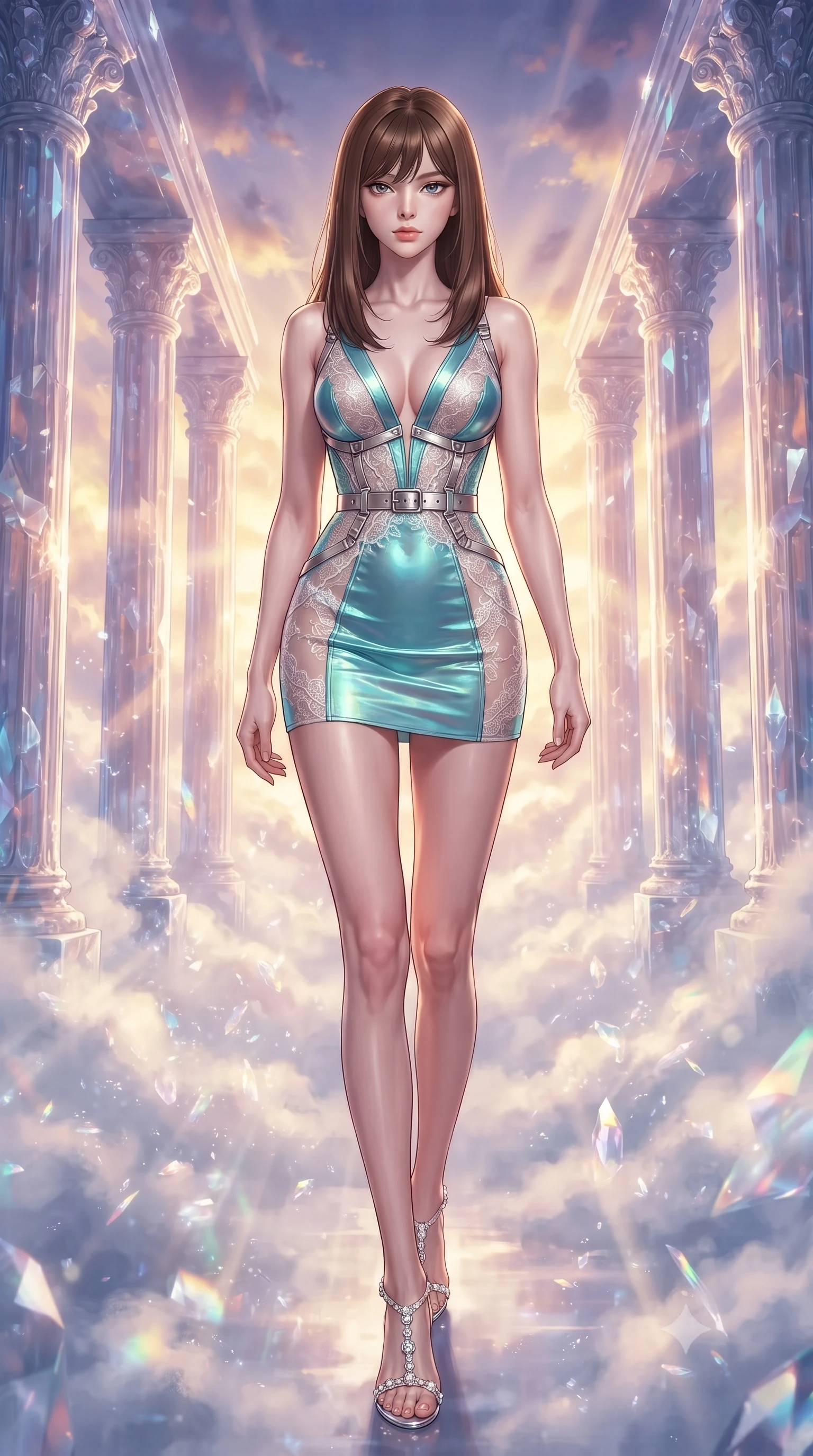 score_9, masterpiece, best quality, ultra-detailed, high-budget anime keyframe, editorial fashion photography, tasteful artistic composition, Korean woman. low angle full-body shot from head to toe showing her feet, filling the entire 9:16 vertical frame with her statuesque presence, stretching her vertical silhouette. forging confidently through the floating crystal mist, holding a poised statuesque stance, poised on a cloud-bound colonnade bathed in warm sunrise light bursts, ethereal serenity in her composed facial expression. She has an absolutely perfect, statuesque 8.5-heads proportion, an exceptionally tall and slender model-like female figure with impossibly long slender legs and an ultra-slim waist. sharp v-shaped jawline, high-bridge nose, intricate jewel-like eyes with depth, thick eyelashes, glossy lips with a natural sheen. wearing deep V-neck corset bodice mini dress with sheer white lace panels in glowing ivory, made of iridescent turquoise taffeta, highlighted by a platinum metallic harness structure, accentuating her gracefully sculpted slender torso. surrounded by an airy, ethereal ambiance with radiant white highlights. highly saturated vibrant anime colors, detailed shading with soft gradients, rich glossy textures, high-contrast stereoscopic depth, volumetric dynamic lighting, master piece, 9:16 ratio
