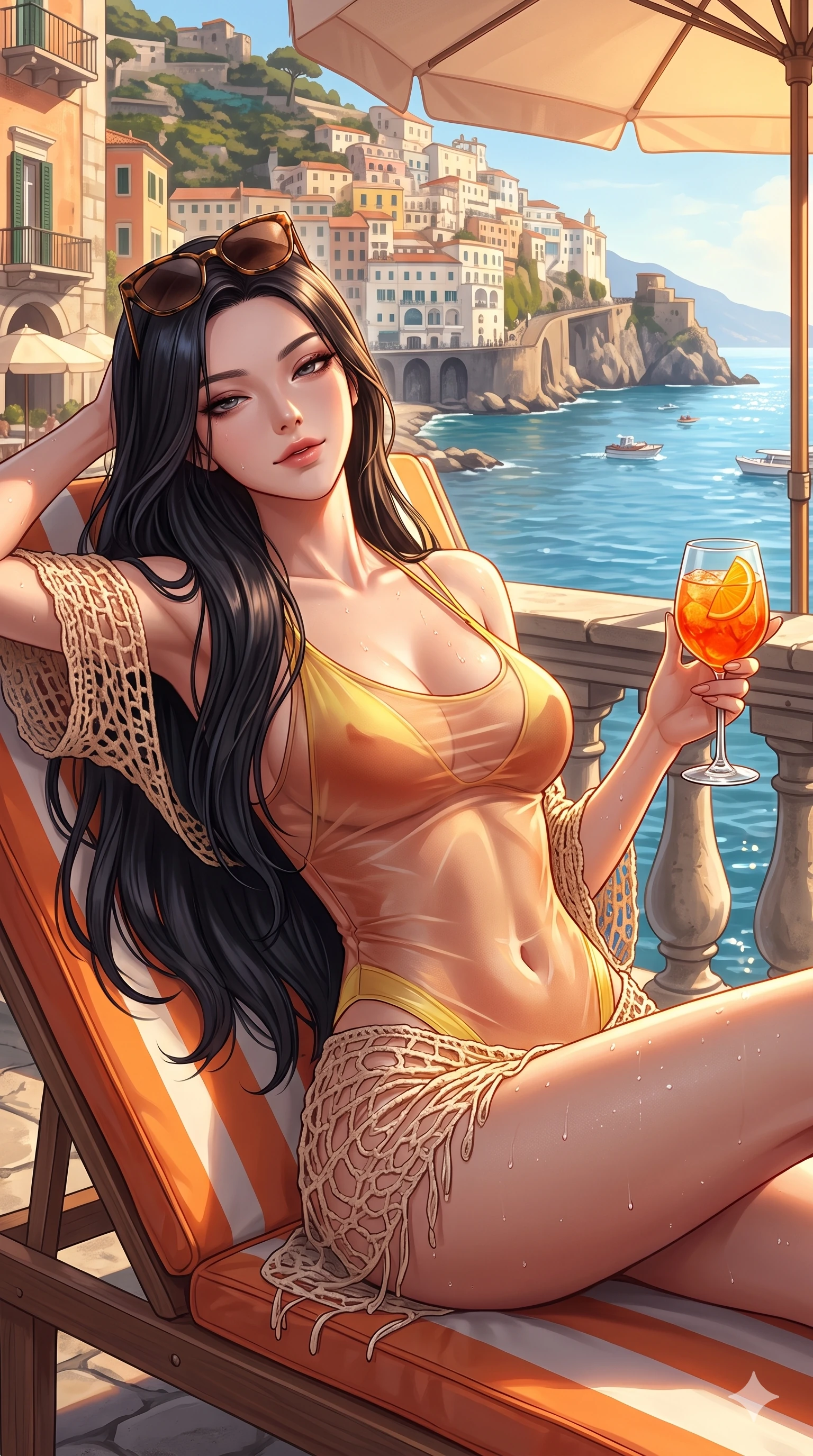 score_9, masterpiece, best quality, ultra-detailed, high-budget anime keyframe, semi-realistic 3D game render, editorial fashion photography, tasteful artistic composition, Korean woman. close-up cowboy shot from the waist and thighs up, the character dominates the composition, filling the frame with her large presence. leaning back against the balustrade with relaxed seductive grace, head tilted back slightly while casting a hypnotic, heavy-lidded gaze while reclining on an orange-and-white striped sun lounger propped on one elbow, holding an Aperol spritz with sovereign high-society charm and bedroom-eyes. The surrounding environment is rendered in vivid detail and crisp panoramic clarity: detailed wet-look crochet coverup weave, dewy water beads on skin, and historic Amalfi architecture in razor-sharp precision. She has an exceptionally elegant, slender, and willowy female figure with an ultra-slim waist, flat toned midriff, narrow ribcage, and sculpted feminine hips creating an alluring, slim hourglass silhouette without bulk. sharp v-shaped jawline, high-bridge nose, sparkling eyes with hypnotic seductive depth, thick curled eyelashes, glossy parted lips with a natural dewy peach sheen, alluring bedroom-eyes with an enchanting coquettish smile, exuding magnetic siren charisma and sophisticated glamour, flawlessly proportioned anatomical accuracy, strict slender model proportions, natural body alignment, perfectly sculpted long slender limbs, ultra-slim waistline, clean dynamic posture without body distortion. wearing a delicate semi-translucent wet-look mesh bodysuit clinging sheerly to her sculpted torso and hip curves in sun-kissed terracotta and Amalfi lemon yellow, crafted from translucent iridescent mesh with a wet-look second-skin cling, complemented by oversized designer tortoiseshell sunglasses resting atop her head, the impeccably tailored cut draping gracefully along her slender figure with aristocratic resort poise. illuminated by parasol shadow gradients and sharp golden-peach rim lights defining her razor-sharp jawline, narrow waist, and curvy hips. highly saturated vibrant anime colors, detailed shading with soft gradients, rich glossy textures, high-contrast stereoscopic depth, volumetric dynamic lighting, master piece, 9:16 ratio