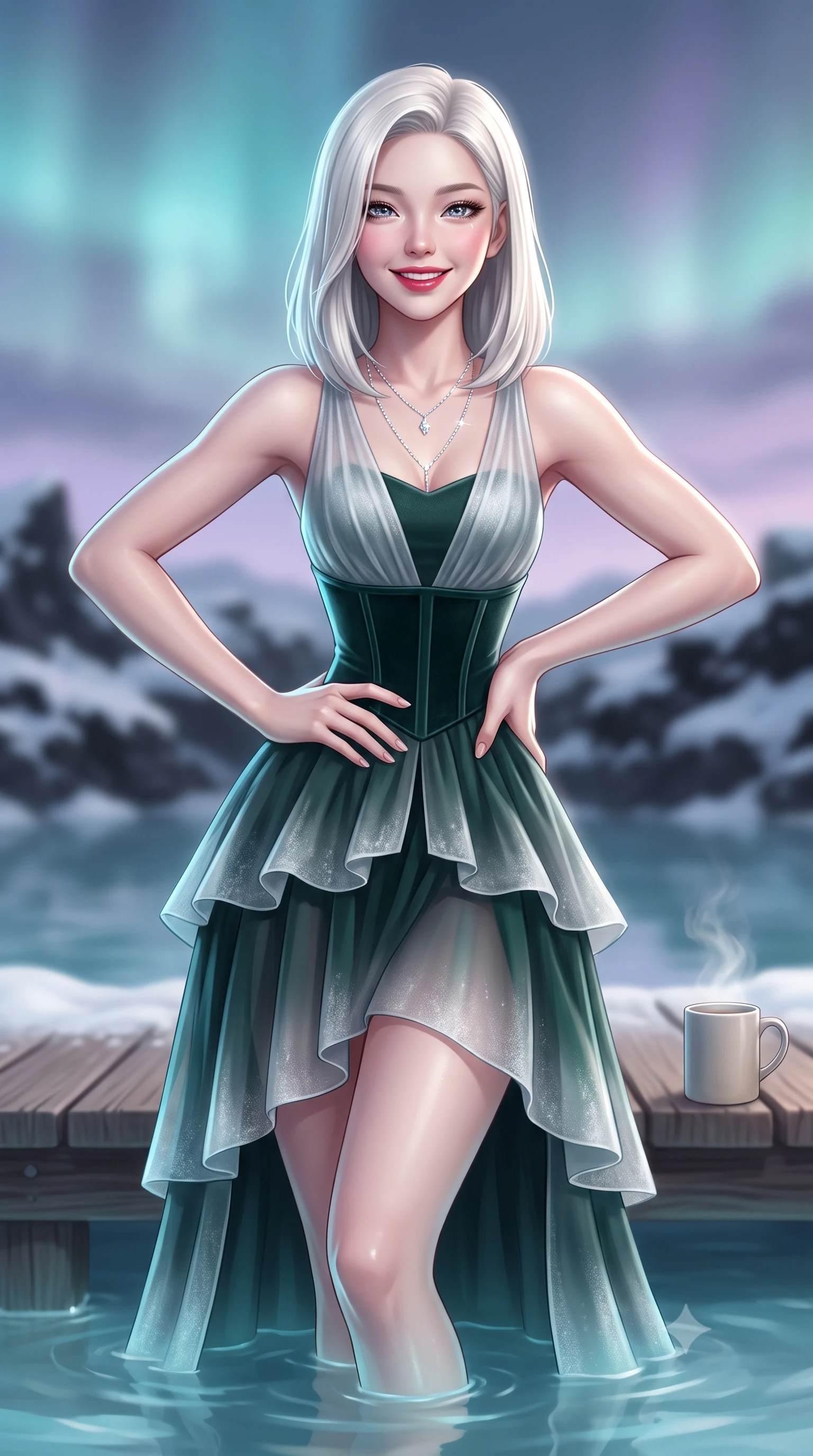 score_9, masterpiece, best quality, ultra-detailed, high-budget anime keyframe, semi-realistic 3D game render, editorial fashion photography, tasteful artistic composition, Korean woman. close-up cowboy shot from the waist and thighs up, the character dominates the composition, filling the frame with her large presence. twisting her slender torso in an alluring contrapposto stance, one hand resting on her sculpted hip while holding a steaming mug with effortless poise while resting on the wooden lagoon boardwalk with legs dipping into the warm water, her long slender limbs and hourglass silhouette radiating allure. The composition keeps background elements in soft focus with dreamy creamy bokeh. endless jagged snow-covered black lava fields and soft Arctic pastel winter twilight blurred into cyan, charcoal, and lavender bokeh. She has an exceptionally elegant, slender, and willowy female figure with an ultra-slim waist, flat toned midriff, narrow ribcage, and sculpted feminine hips creating an alluring, slim hourglass silhouette without bulk. sharp v-shaped jawline, high-bridge nose, sparkling ice-crystal eyes with depth, frosty thick lashes, glossy parted lips with a rosy berry sheen, bright playful smile with an intoxicating seductive glint, rosy flushed cheeks radiating cozy warmth and dangerous allure, flawlessly proportioned anatomical accuracy, strict slender model proportions, natural body alignment, perfectly sculpted long slender limbs, ultra-slim waistline, clean dynamic posture without body distortion. wearing a tiered semi-sheer chiffon and velvet ice-gown with an ultra-slim corseted waist in deep spruce green and frosted silver, tailored from crisp technical ski fabric with clean aerodynamic lines, accented with a delicate crystal body chain catching the snowy ambient light, the high-waisted tailoring accentuating her ultra-slim waistline and the enchanting curve of her feminine hips with alluring winter charm. illuminated by milky-cyan water bounce fill and sharp silver rim lights sculpting her razor-sharp jawline, narrow waist, and curvy hips. highly saturated vibrant anime colors, detailed shading with soft gradients, rich glossy textures, high-contrast stereoscopic depth, volumetric dynamic lighting, master piece, 9:16 ratio
