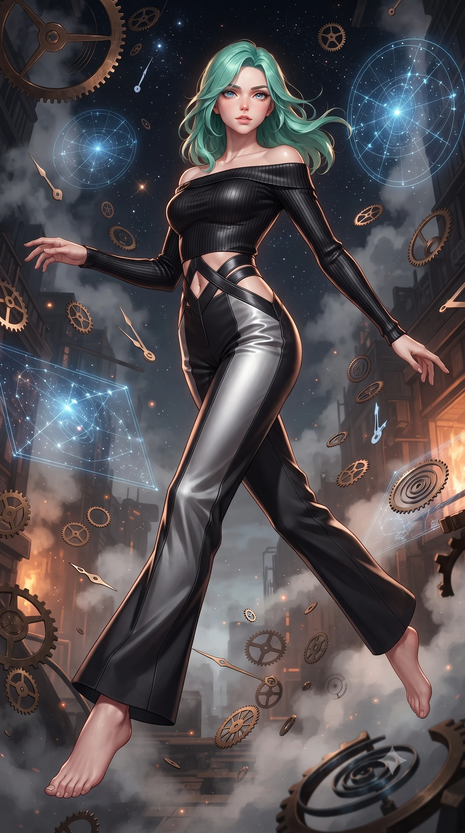 score_9, masterpiece, best quality, ultra-detailed, high-budget anime keyframe, editorial fashion photography, tasteful artistic composition, Japanese woman. low angle full-body shot from head to toe showing her feet, filling the entire 9:16 vertical frame with her statuesque presence, stretching her vertical silhouette. leaping gracefully through the environment with statuesque elegance and long slender legs navigating a blizzard of floating analog gear parts and glowing star maps, distant starlight and city lights twinkling through steam clouds. She has an absolutely perfect, statuesque 8.5-heads proportion, an exceptionally tall and slender model-like female figure with impossibly long slender legs and an ultra-slim waist. sharp v-shaped jawline, high-bridge nose, intricate jewel-like eyes with depth, thick eyelashes, glossy lips with a natural sheen. wearing a sleek off-shoulder ribbed knit top paired with high-waist tailored pants in matte black and polished silver, crafted from lustrous satin jersey with fluid draping, featuring subtle geometric cutouts that highlight her ultra-slim midriff, the tailored fabric tightly following every curve of her athletic build. surrounded by warm hearth light and dramatic bronze rim highlights. ultra-reflective glossy finish, specular highlights, metallic sheen, high-contrast stereoscopic depth, volumetric dynamic lighting, 2k, ultra detail, master piece, 9:16 ratio