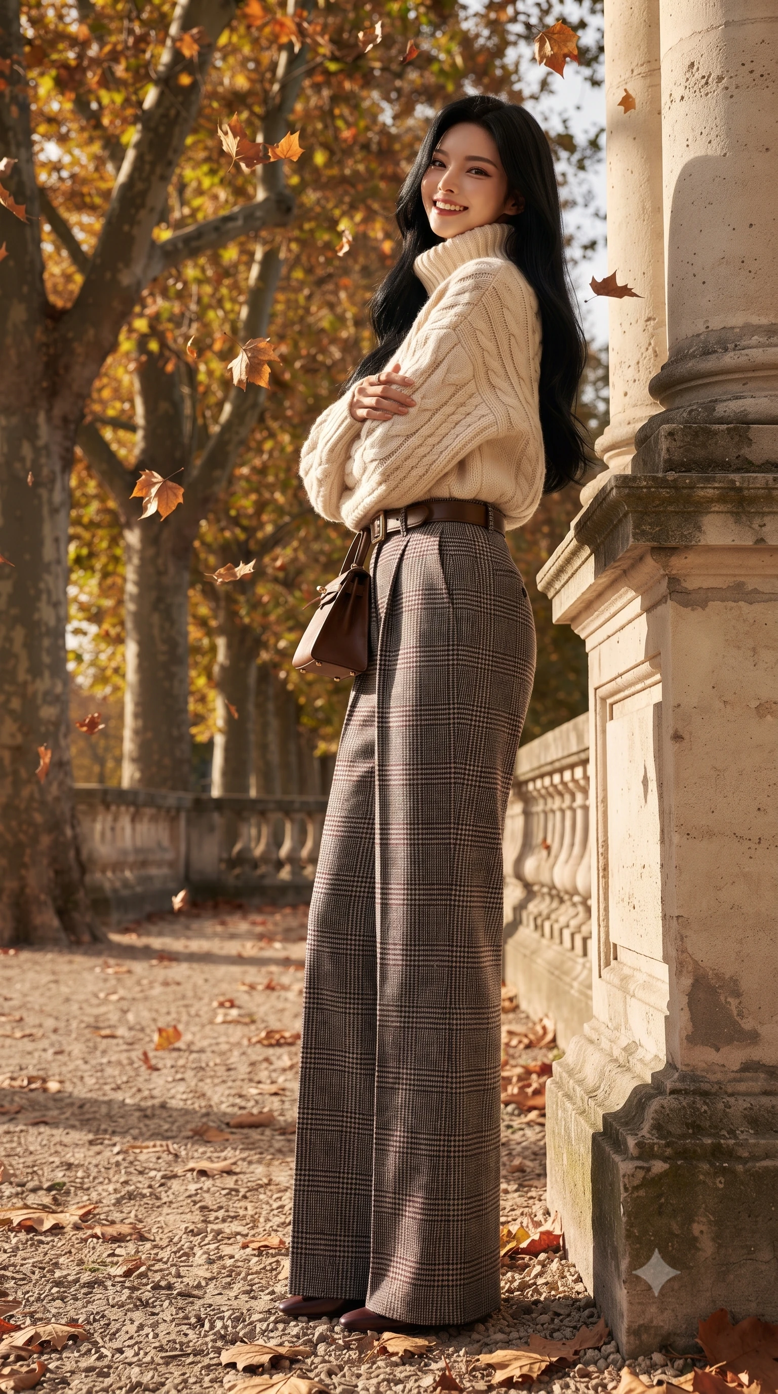 score_9, masterpiece, best quality, ultra-detailed, high-budget anime keyframe, editorial fashion photography, tasteful artistic composition, Korean woman. low angle full-body shot from head to toe showing her feet, filling the entire 9:16 vertical frame with her statuesque presence, stretching her vertical silhouette. leaning lightly against the sunlit architectural column with arms crossed loosely, flashing a warm, confident smile while strolling along the tree-lined gravel promenade surrounded by falling amber plane tree leaves, looking back with a joyful, beaming smile. The surrounding environment is rendered in vivid detail and crisp panoramic clarity: sharp veining on crisp fallen autumn leaves, weathered limestone bridge baluster textures, and gravel pathway grains in deep focus. She has an exceptionally tall and slender model-like 8.5-heads proportion, an ultra-slim waist, a flat toned midriff, narrow delicate ribcage, and beautifully sculpted feminine hips creating a graceful, slim hourglass silhouette without any bulky heaviness, with impossibly long slender legs. sharp v-shaped jawline, high-bridge nose, intricate jewel-like sparkling eyes with depth, thick eyelashes, glossy parted lips with a natural peach sheen, bright cheerful beaming smile with an enchanting and coquettish sensual glint, exuding both youthful cute charm and seductive allure, flawlessly proportioned anatomical accuracy, strict slender model proportions, natural body alignment, perfectly sculpted long slender limbs, ultra-slim waistline, clean dynamic posture without body distortion. wearing an oversized chunky cable-knit cashmere roll-neck sweater paired with brushed wool flannel wide-leg trousers in classic glen plaid monochrome with subtle wine red accent, crafted from ultra-soft Mongolian cashmere with exquisite insulating warmth and tactile softness, finished with a structured leather top-handle mini bag resting gracefully at her side, the structured cinched belt emphasizing her narrow waistline and gracefully balanced proportions with timeless haute-couture polish. illuminated by lake water shimmer fill and rich copper-gold rim lights defining her razor-sharp jawline and tall slender figure. ultra-reflective glossy finish, specular highlights, rich textural contrasts, high-contrast stereoscopic depth, volumetric dynamic lighting, 2k, ultra detail, master piece, 9:16 ratio