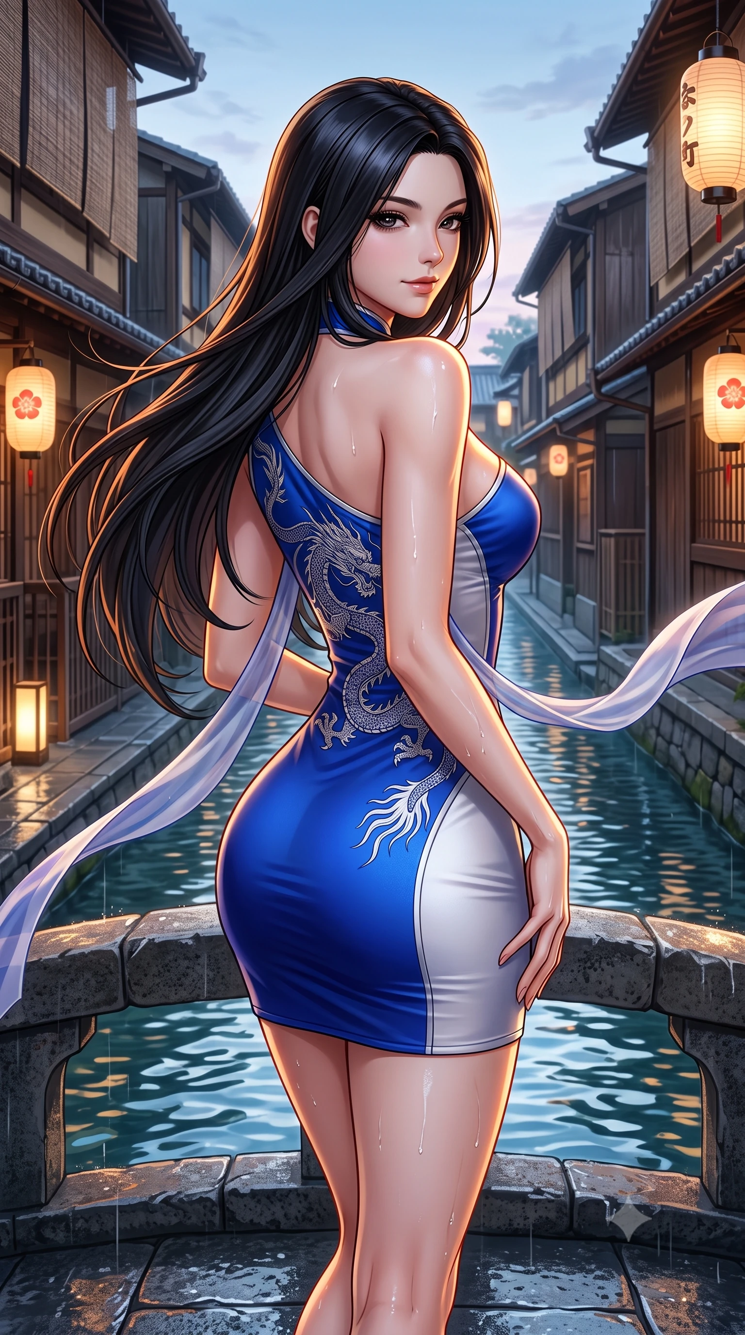 score_9, masterpiece, best quality, ultra-detailed, high-budget anime keyframe, semi-realistic 3D game render, editorial fashion photography, tasteful artistic composition, Korean woman. close-up cowboy shot from the waist and thighs up, the character dominates the composition, filling the frame with her large presence. posing in an alluring rear three-quarter angle, turning over a bare shoulder with an intoxicating gaze, her hips cocked back to highlight her slim hourglass curve while standing poised on the ancient arched stone bridge above the clear canal water, arching her spine with sovereign geisha-inspired poise. The surrounding environment is rendered in vivid detail and crisp panoramic clarity: detailed brocade fabric weave, rain-kissed pavement sheen, and traditional Kyoto street architecture in razor-sharp clarity. She has an exceptionally elegant, slender, and willowy female figure with an ultra-slim waist, flat toned midriff, narrow ribcage, and sculpted feminine hips creating an alluring, slim hourglass silhouette without bulk. sharp v-shaped jawline, high-bridge nose, intricate jewel-like dark sparkling almond eyes with depth, thick lashes, glossy parted lips with a natural rose-plum sheen, bright alluring and coquettish smile with bedroom-eyes, exuding both timeless oriental elegance and sovereign high-fashion allure, flawlessly proportioned anatomical accuracy, strict slender model proportions, natural body alignment, perfectly sculpted long slender limbs, ultra-slim waistline, clean dynamic posture without body distortion. wearing an asymmetric one-shoulder dragon-embroidered silk mini dress hugging her narrow waist and rounded feminine hips in royal cobalt blue and starlight platinum, made of supple second-skin stretch silk jersey clinging flawlessly to her form, accented with flowing gossamer silk ribbons that flutter dynamically in the evening breeze, the form-contouring cut accentuating her sculpted flat midriff, narrow delicate ribcage, and gracefully curvy hips with regal oriental supermodel elegance. illuminated by rippling canal water reflections and sharp amber rim lighting sculpting her razor-sharp jawline, narrow waist, and curvy hips. highly saturated vibrant anime colors, detailed shading with soft gradients, rich glossy textures, high-contrast stereoscopic depth, volumetric dynamic lighting, master piece, 9:16 ratio