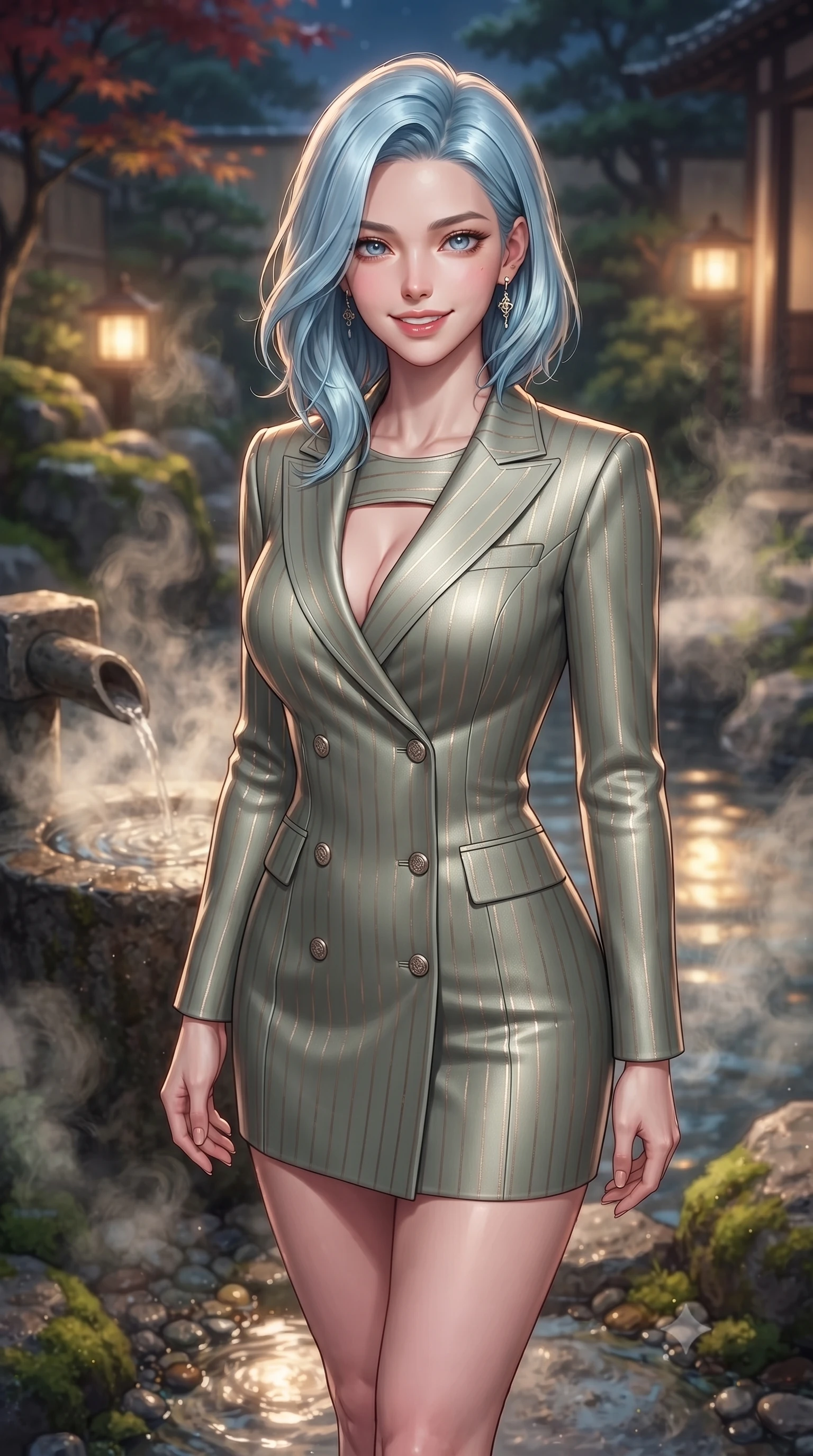 score_9, masterpiece, best quality, ultra-detailed, high-budget anime keyframe, editorial fashion photography, tasteful artistic composition, Korean woman. close-up cowboy shot from the waist and thighs up, the character dominates the composition, filling the frame with her large presence, background elements kept in soft focus. Smiling with quiet, magnetic self-assurance directly into the lens standing near a stone water spout with gentle steam rising in a moonlit Japanese garden, swirling thermal steam clouds scattering soft golden lantern light. She has an exceptionally elegant, slender, and willowy female figure with an ultra-slim waist, a gracefully sculpted slender torso, and a refined silhouette. sharp v-shaped jawline, high-bridge nose, intricate jewel-like eyes with depth, thick eyelashes, glossy lips with a natural sheen. wearing a double-breasted blazer dress with metallic pin-stripes in sage green and oatmeal, formed from sleek second-skin neoprene, accented with a Tasteful chest slit framing her clavicle gracefully, the form-contouring material highlighting her ultra-slim waist and long lines. bathed in soft warm lantern light filtered through gentle thermal steam. highly saturated vibrant anime colors, detailed shading with soft gradients, rich glossy textures, high-contrast stereoscopic depth, volumetric dynamic lighting, master piece, 9:16 ratio