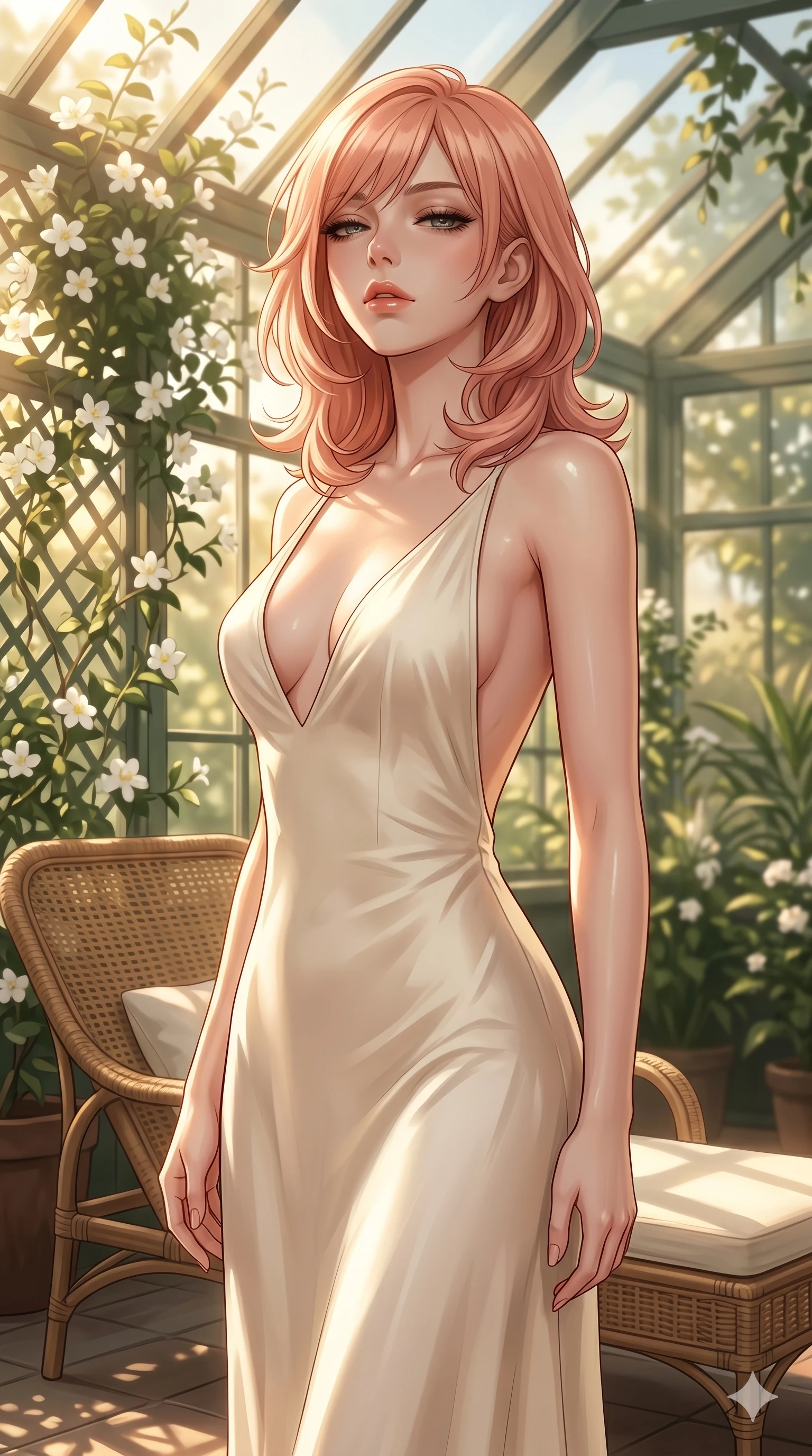 score_9, masterpiece, best quality, ultra-detailed, high-budget anime keyframe, editorial fashion photography, tasteful artistic composition, Japanese woman. cowboy shot from the thighs up, character and outfit filling the frame for maximum editorial presence. casting a heavy-lidded, sultry gaze beneath thick lashes with quiet intensity, her chin tilted up inside a sun-drenched greenhouse conservatory with climbing white jasmines and wicker chaise lounge (Code-P011). She has an absolutely perfect 8-heads proportion, an exceptionally tall and slender female figure with impossibly long slender legs and an ultra-slim waist. V-shaped jawline, high-bridge nose, intricate jewel-like eyes with depth, thick eyelashes, glossy lips with a natural sheen. wearing a soft cream silk slip dress with a plunging V-neckline and a deep open back. bathed in warm, golden afternoon sunbeams creating soft specular highlights on her smooth skin. 2k, ultra detail, master piece, 9:16 ratio