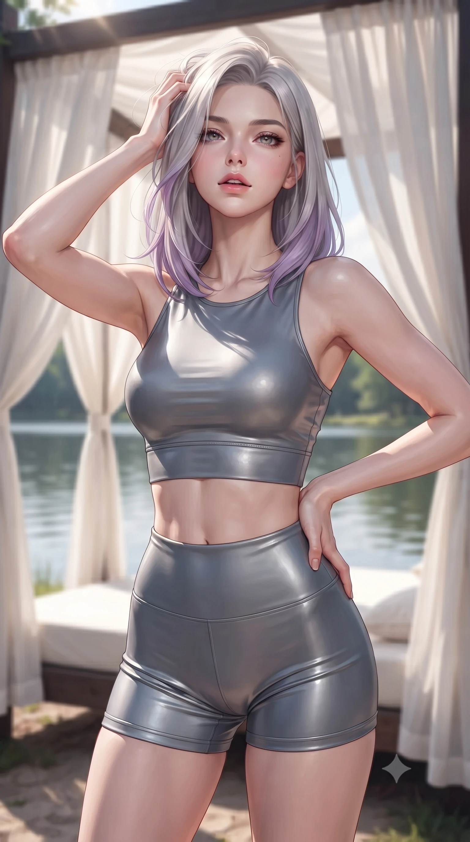 score_9, masterpiece, best quality, ultra-detailed, high-budget anime keyframe, editorial fashion photography, tasteful artistic composition, Caucasian woman. close-up cowboy shot from the waist and thighs up, the character dominates the composition, filling the frame with her large presence, background elements kept in soft focus. tilting her chin up slightly with lips parted in a composed, provocative expression the background shows a soft-focus a secluded beach cabana tent with white cotton curtains, next to a calm lake. She has an exceptionally elegant, slender, and willowy female figure with an ultra-slim waist, a gracefully sculpted slender torso, and a refined silhouette. sharp v-shaped jawline, high-bridge nose, intricate jewel-like eyes with depth, thick eyelashes, glossy lips with a natural sheen. wearing a form-contouring body-hugging athletic crop top and high-waisted shorts set in slate grey. dappled sunlight filtering through the canopy and drapes. ultra-reflective glossy finish, specular highlights, metallic sheen, high-contrast stereoscopic depth, volumetric dynamic lighting, 2k, ultra detail, master piece, 9:16 ratio